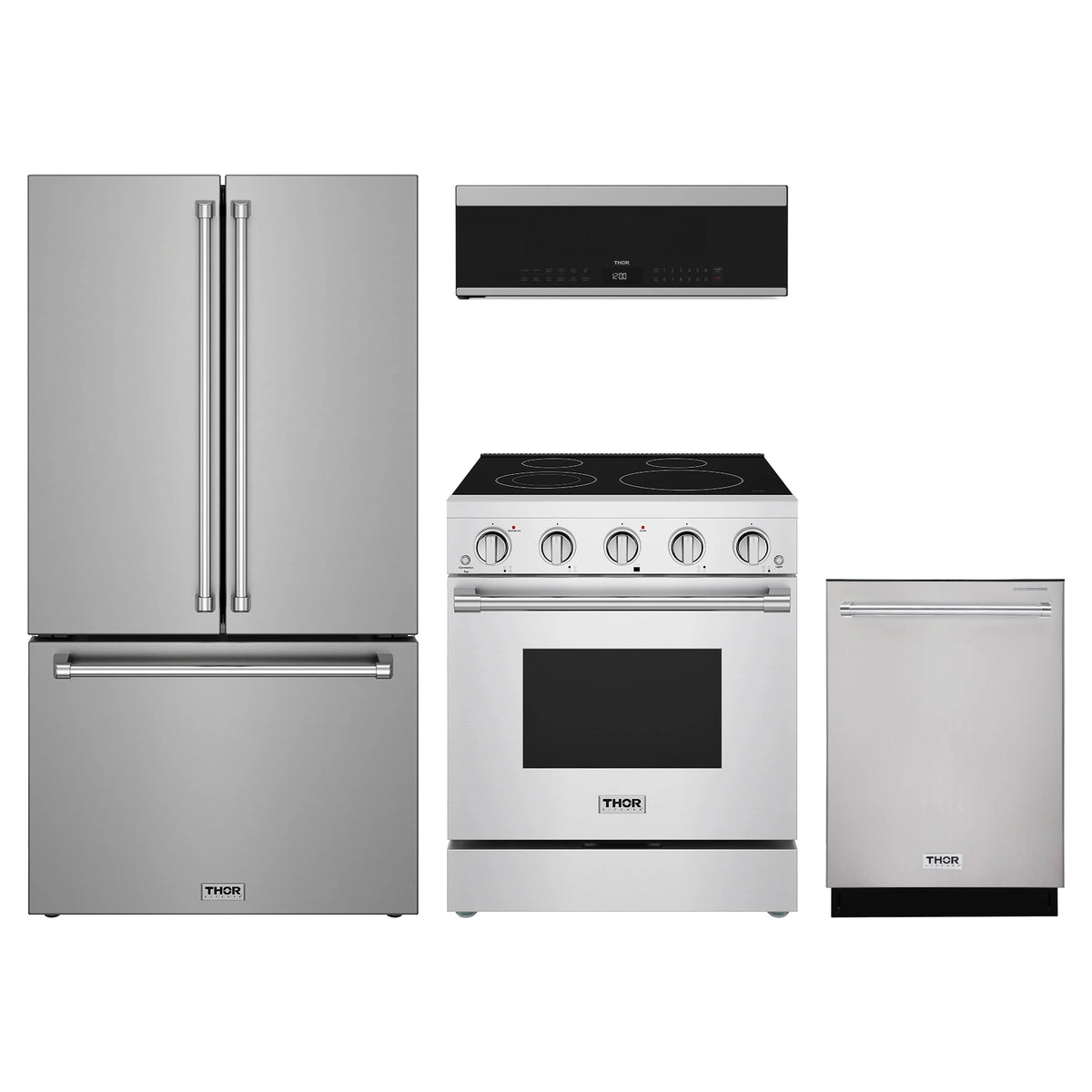 Thor Kitchen 4-Piece Appliance Package - 30-Inch Electric Range, Counter-Depth Refrigerator, Dishwasher, & Over-the-Range Microwave in Stainless Steel
