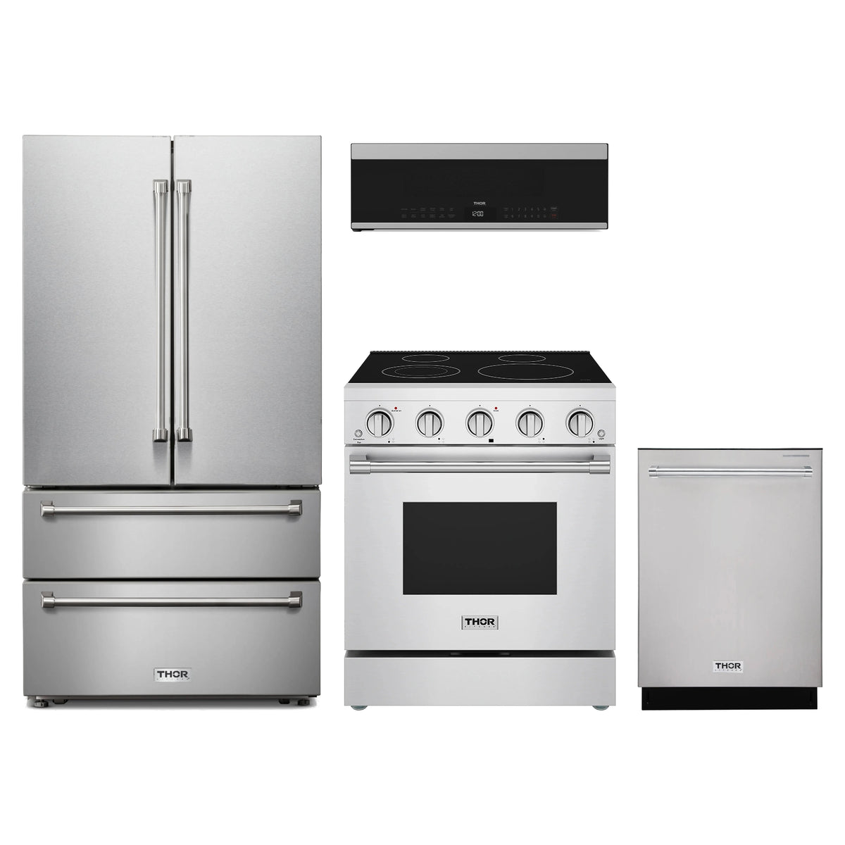 Thor Kitchen 4-Piece Appliance Package - 30-Inch Electric Range, French Door Refrigerator, Dishwasher, & Over-the-Range Microwave in Stainless Steel