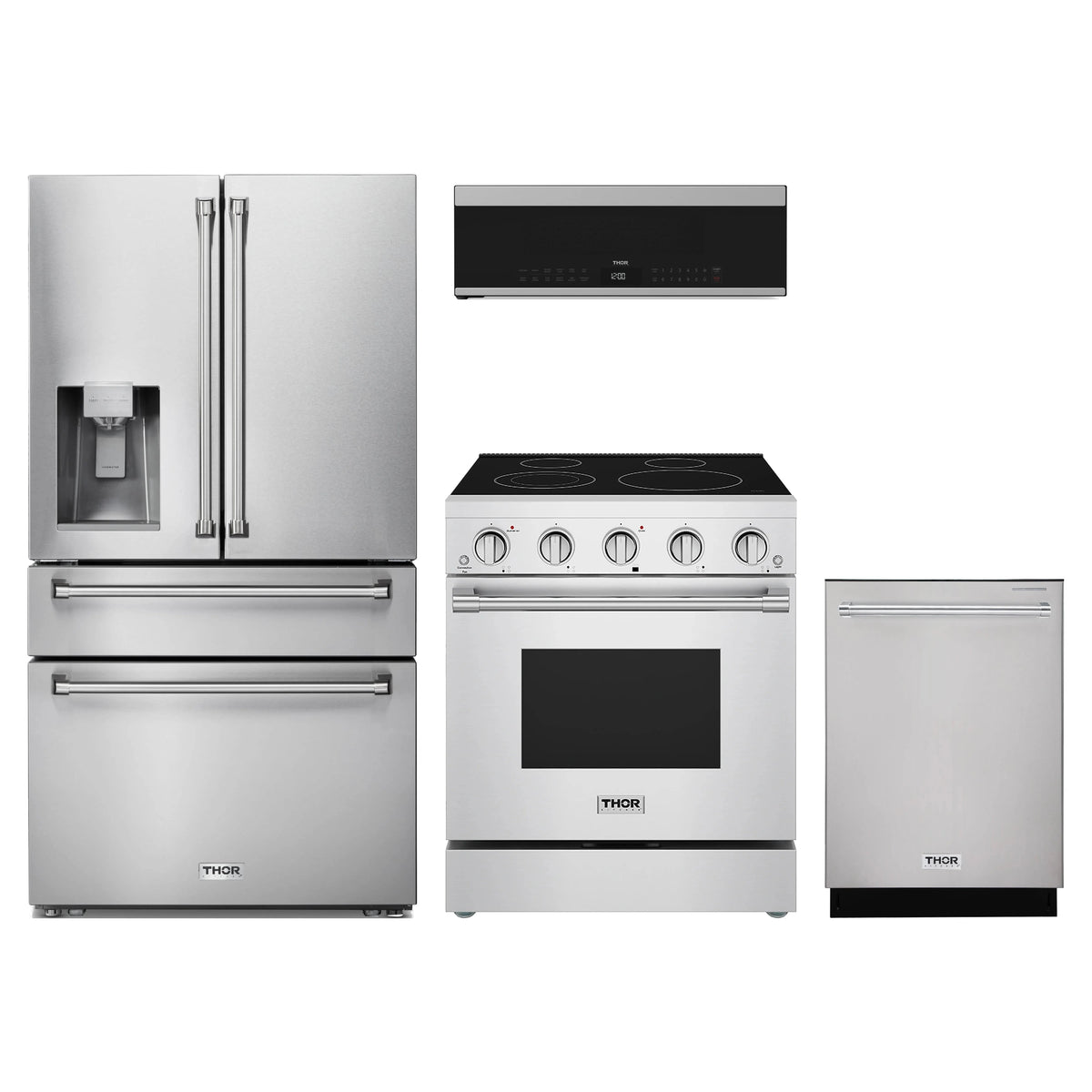 Thor Kitchen 4-Piece Appliance Package - 30-Inch Electric Range, Refrigerator with Water Dispenser, Dishwasher, & Over-the-Range Microwave in Stainless Steel