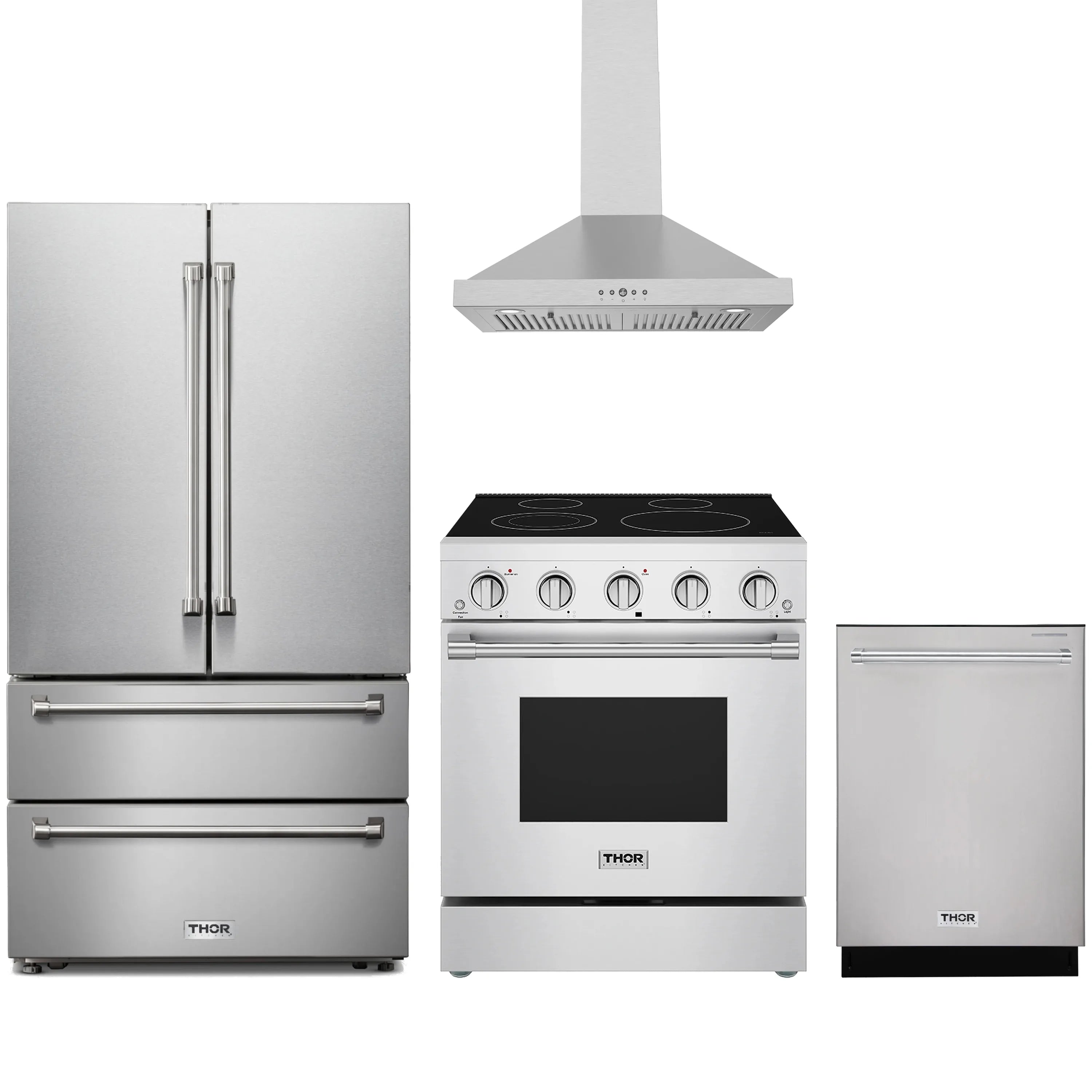 Stainless steel kitchen appliance set with refrigerator, electric range, and dishwasher