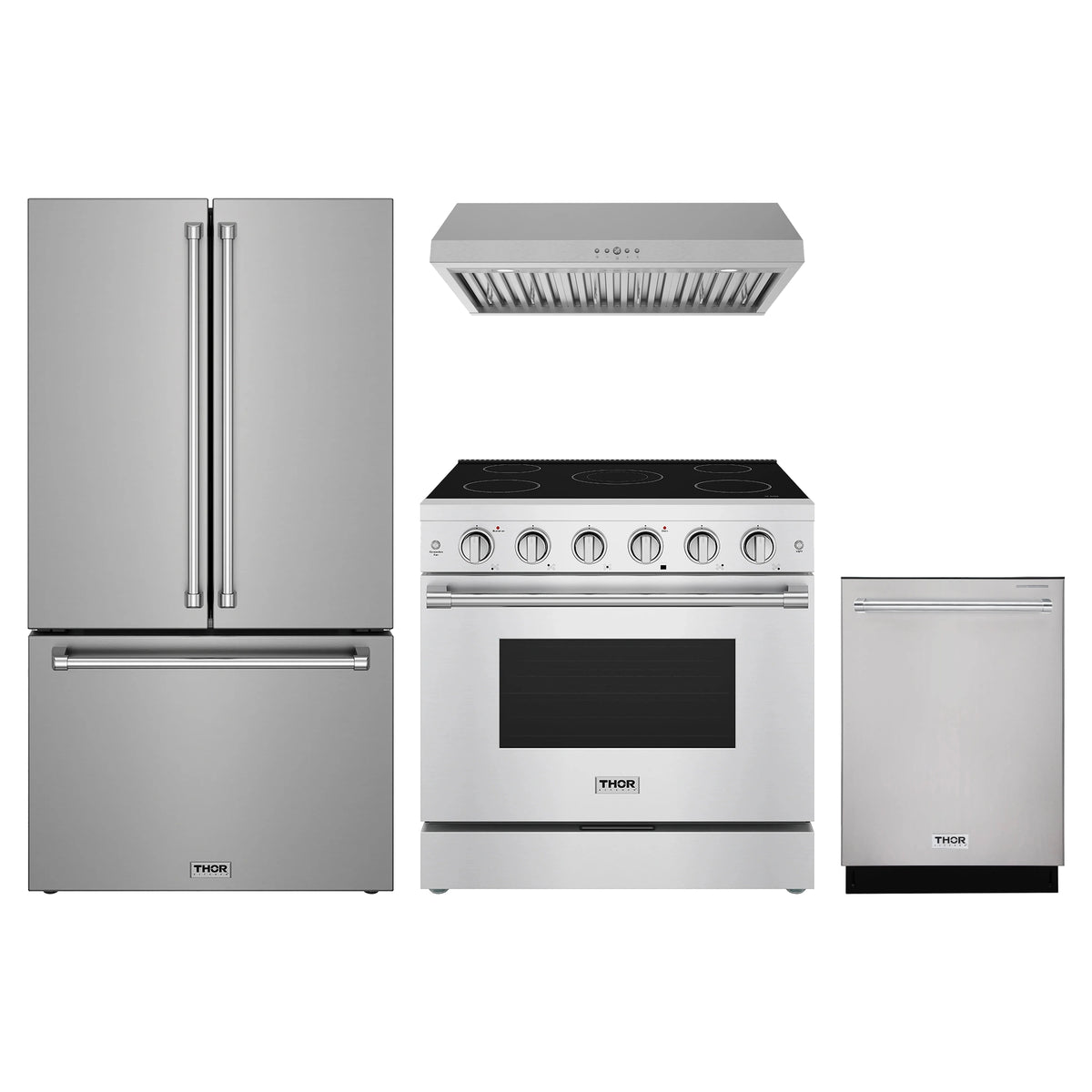 Thor Kitchen 4-Piece Appliance Package - 36-Inch Electric Range, Counter-Depth Refrigerator, Under Cabinet Hood, & Dishwasher in Stainless Steel