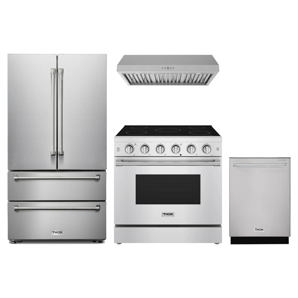 Thor Kitchen 4-Piece Appliance Package - 36-Inch Electric Range, French Door Refrigerator, Under Cabinet Hood, & Dishwasher in Stainless Steel
