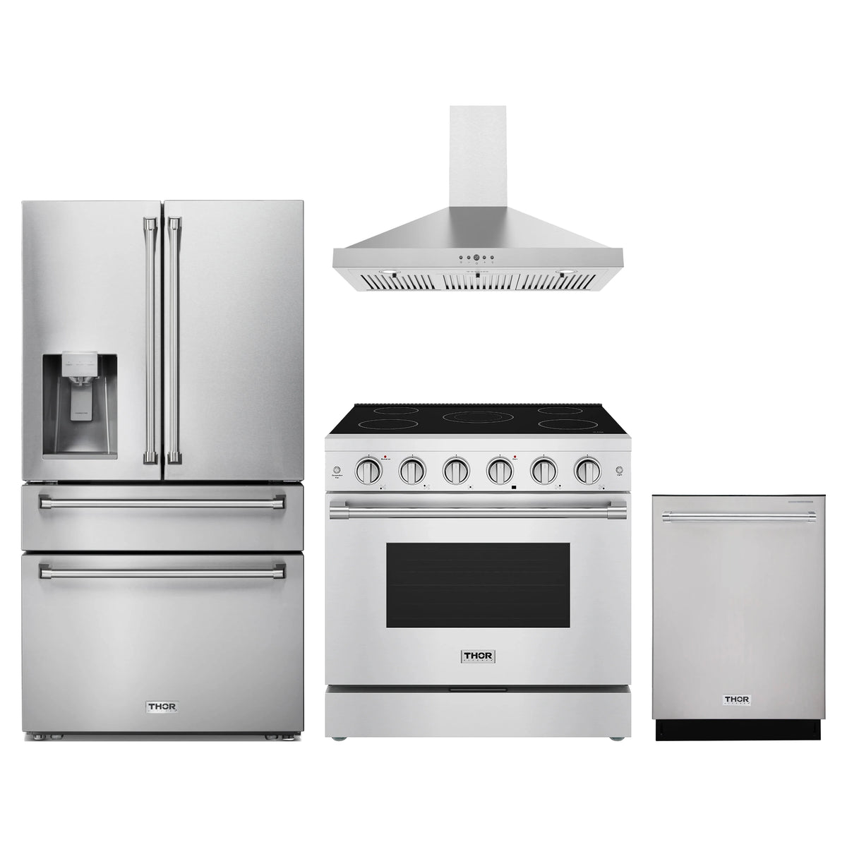 Thor Kitchen 4-Piece Appliance Package - 36-Inch Electric Range, Refrigerator with Water Dispenser, Wall Mount Hood, & Dishwasher in Stainless Steel