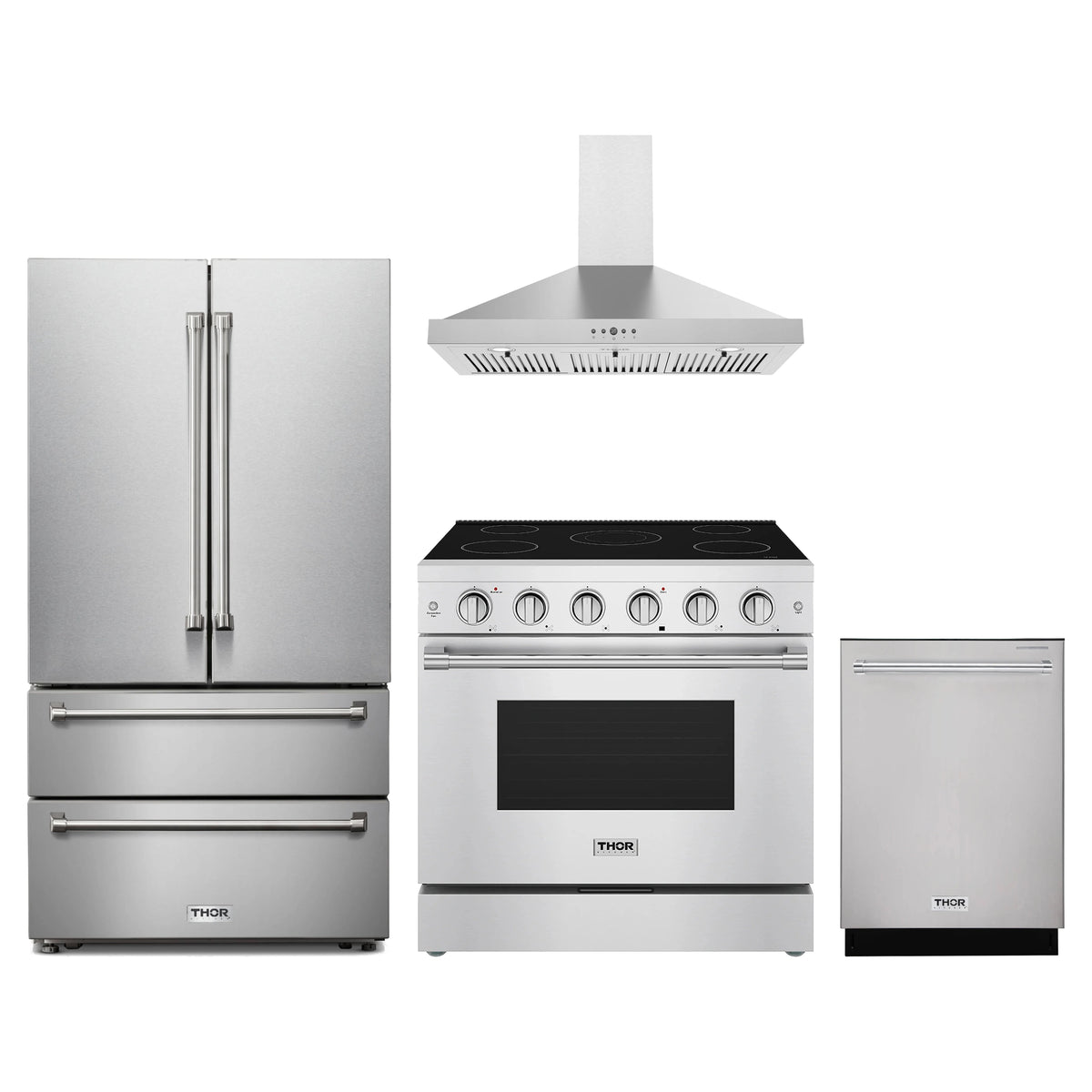 Thor Kitchen 4-Piece Appliance Package - 36-Inch Electric Range, French Door Refrigerator, Wall Mount Hood, & Dishwasher in Stainless Steel
