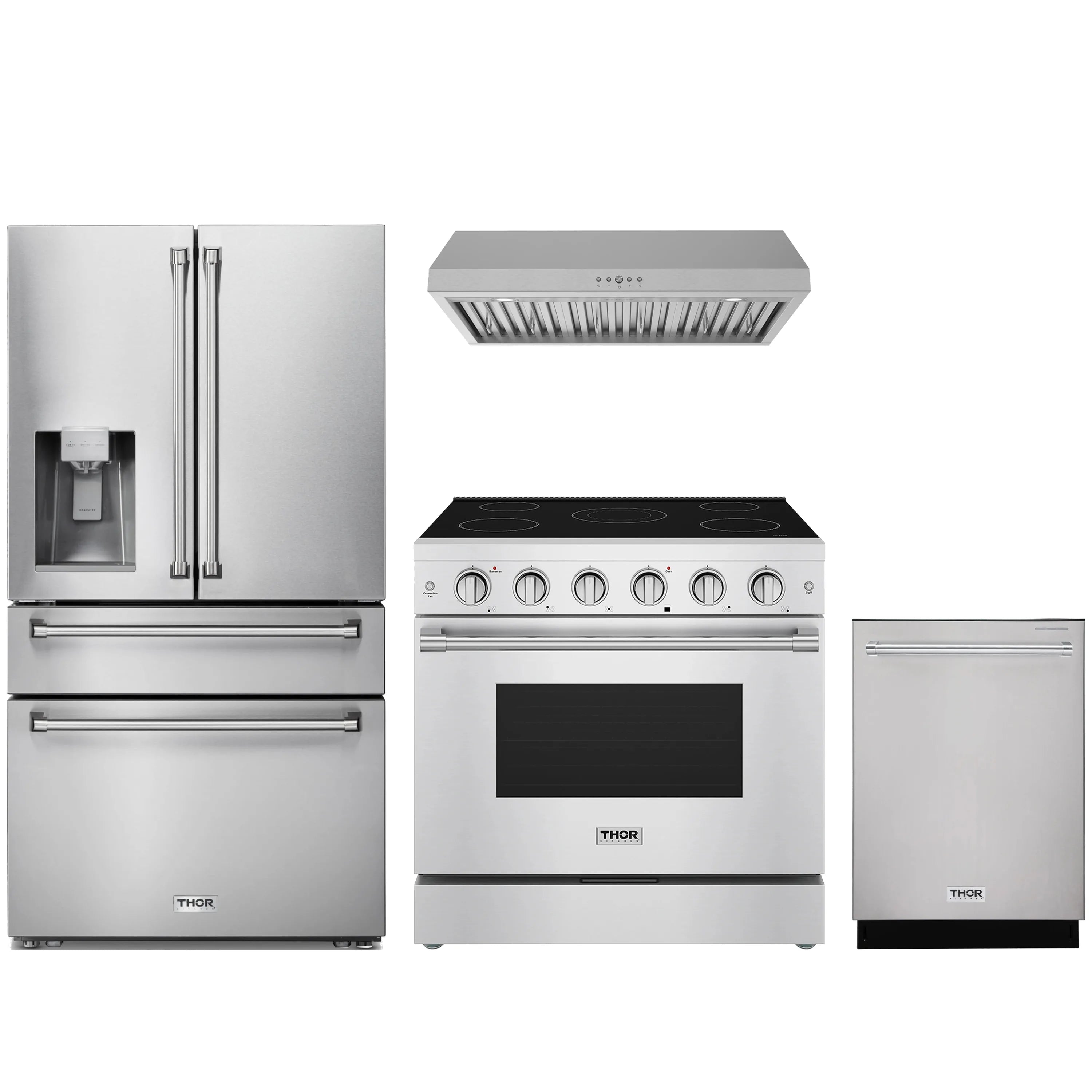 Stainless kitchen appliance package showing refrigerator, electric range, hood, and dishwasher