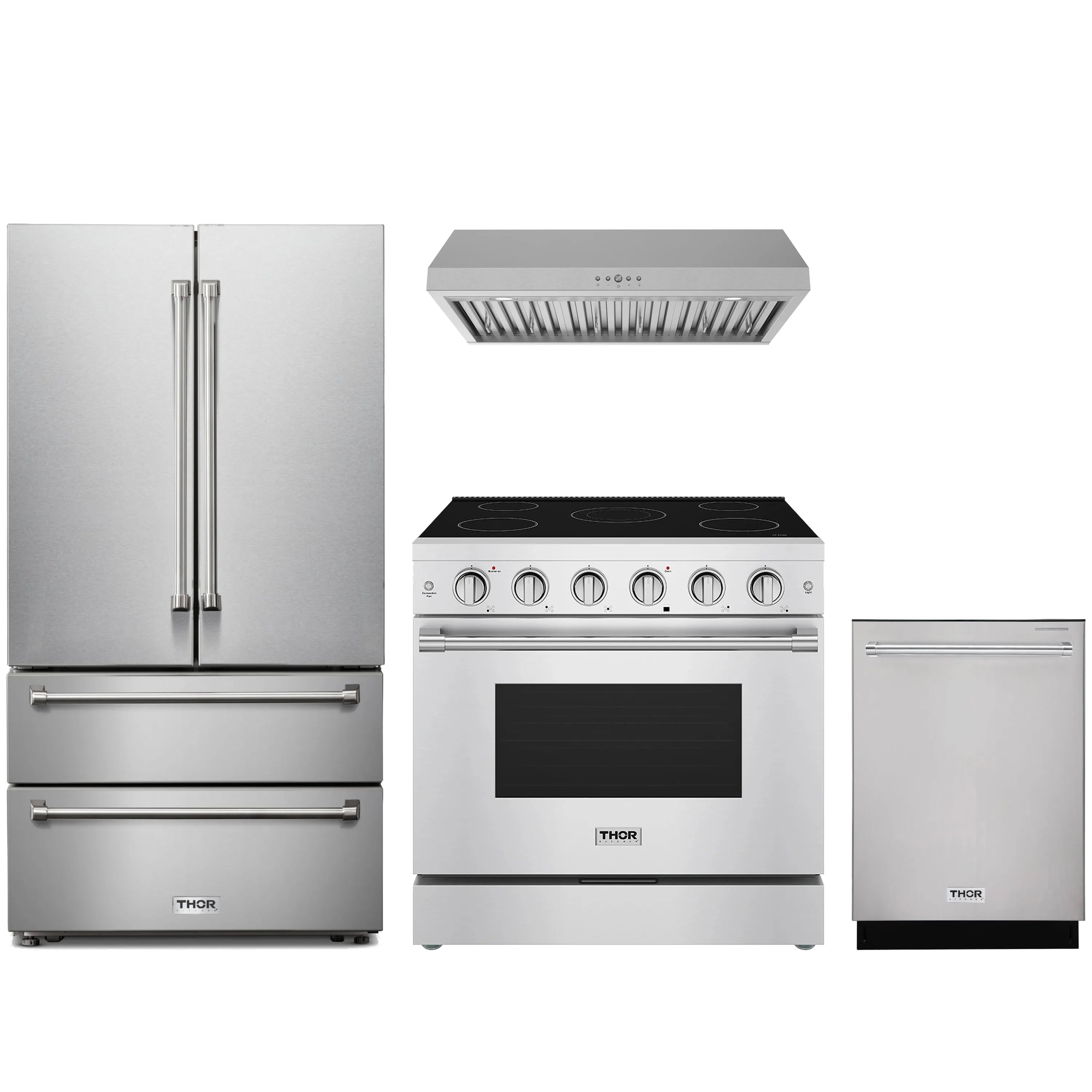 Stainless steel appliance package with refrigerator, electric range, hood, and dishwasher