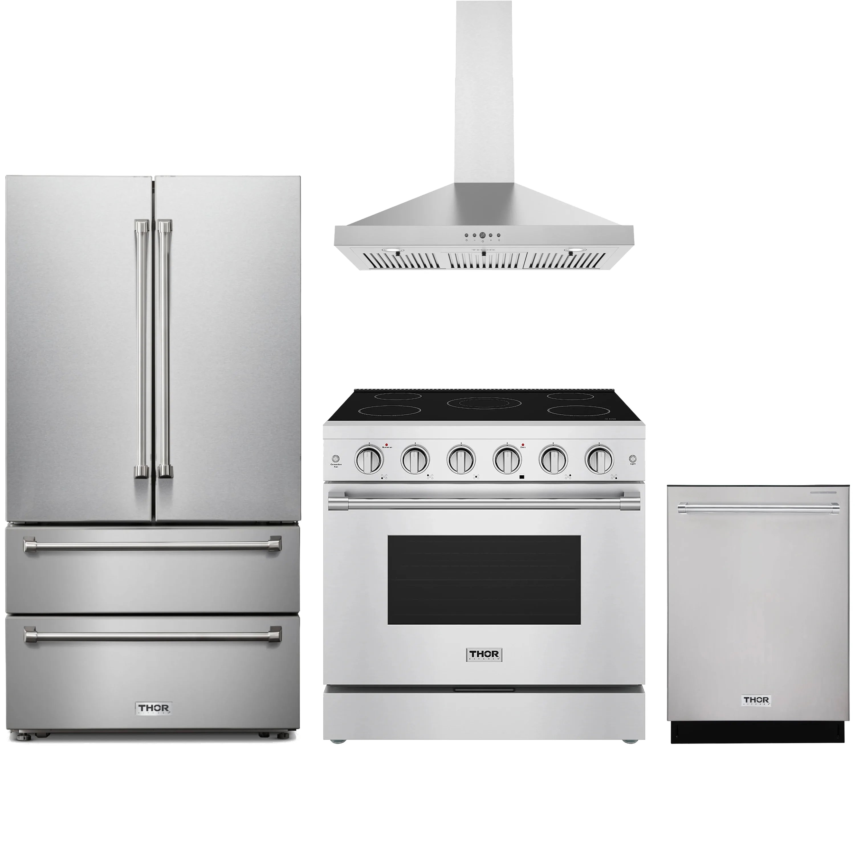 Stainless steel kitchen appliance set with refrigerator, electric range, and wall hood