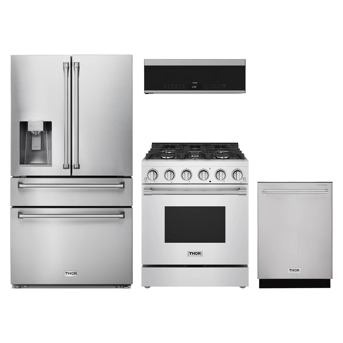 Thor Kitchen 4-Piece Appliance Package - 30-Inch Natural Gas Range, Refrigerator with Water Dispenser, Dishwasher, & Over-the-Range Microwave in Stainless Steel