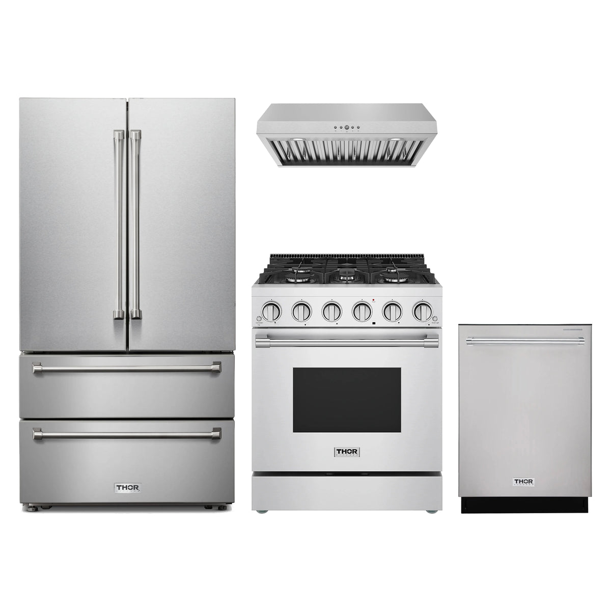 Thor Kitchen 4-Piece Appliance Package - 30-Inch Natural Gas Range, French Door Refrigerator, Under Cabinet Hood, & Dishwasher in Stainless Steel