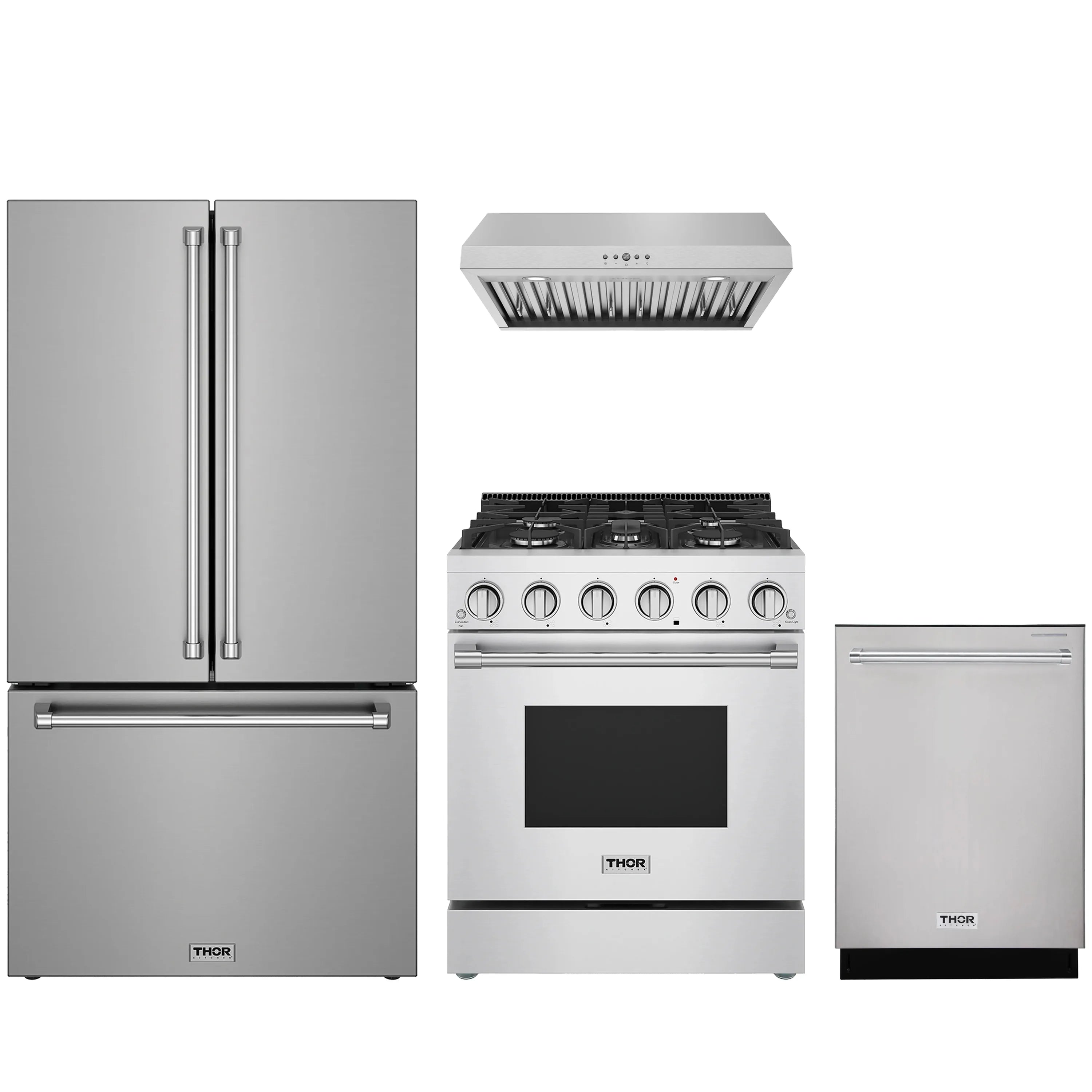 Stainless steel appliance set: refrigerator, gas range, hood, and dishwasher