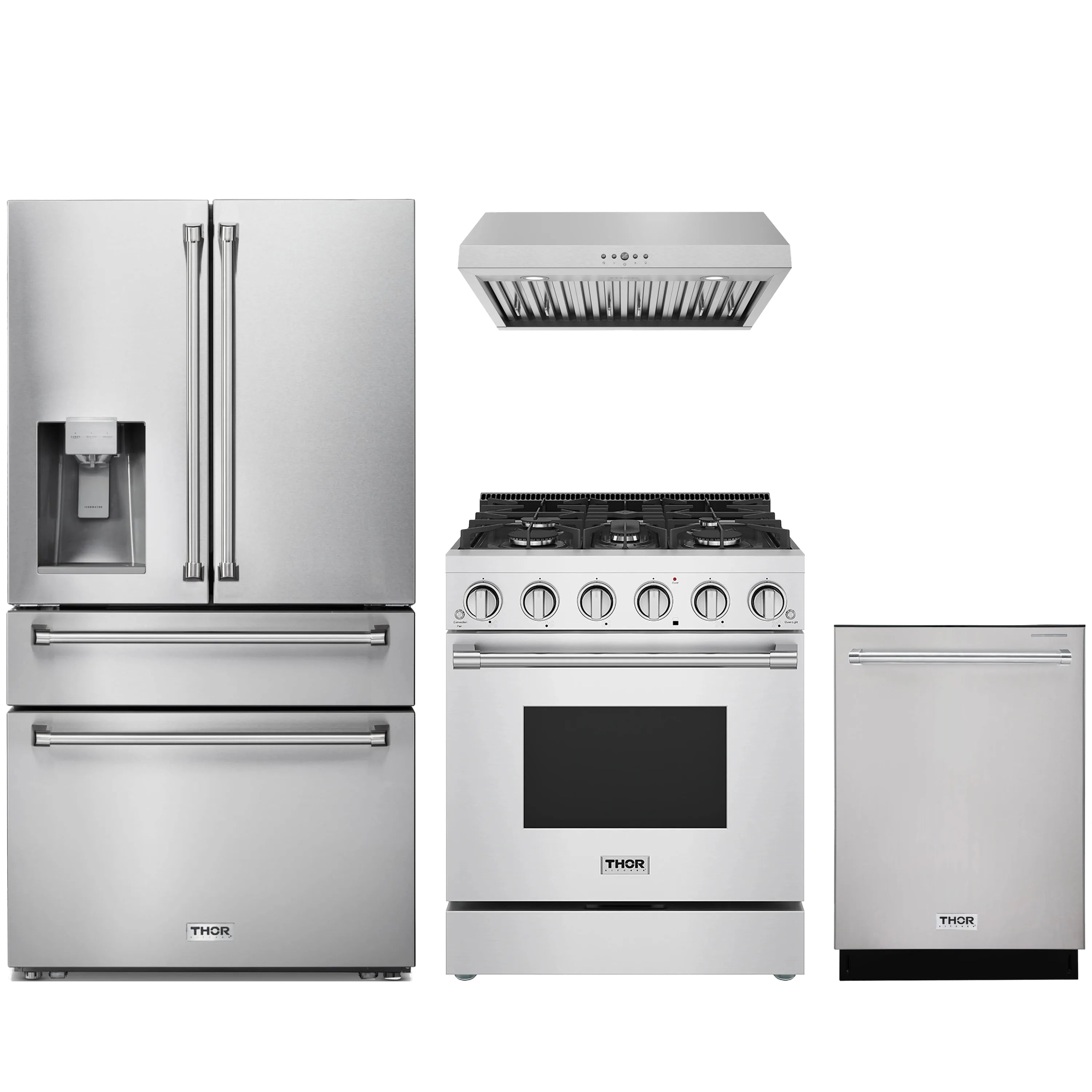 Stainless appliance set: refrigerator, propane range, hood, and dishwasher