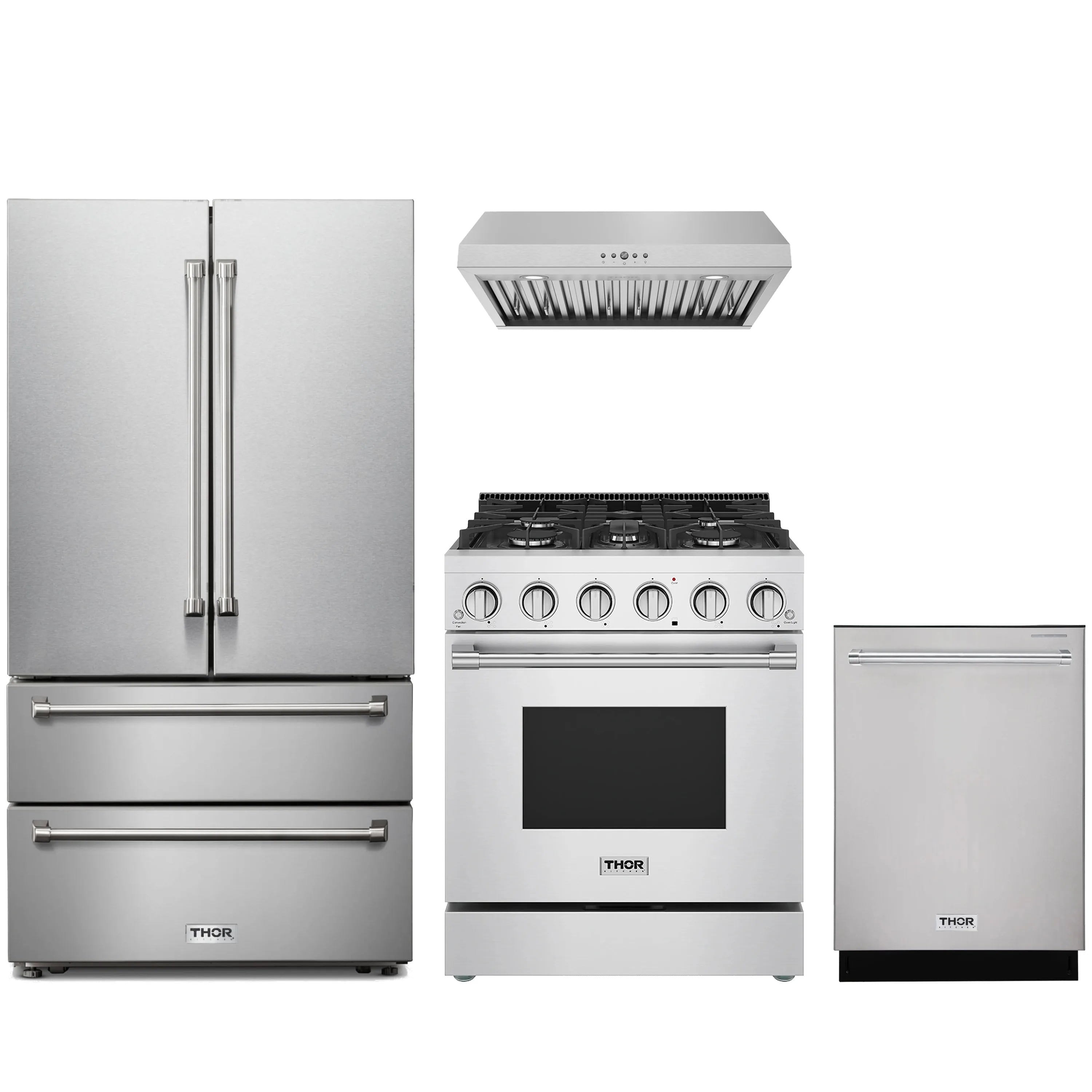 Stainless steel 4-piece appliance set: French-door refrigerator, range, hood, dishwasher.