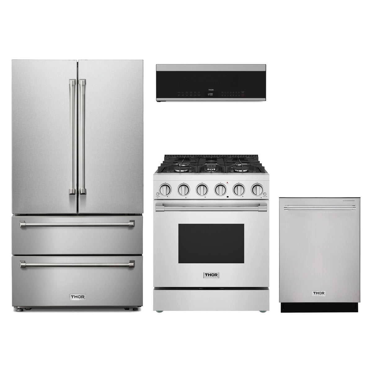 Thor Kitchen 4-Piece Appliance Package - 30-Inch Propane Gas Range, French Door Refrigerator, Dishwasher, & Over-the-Range Microwave in Stainless Steel