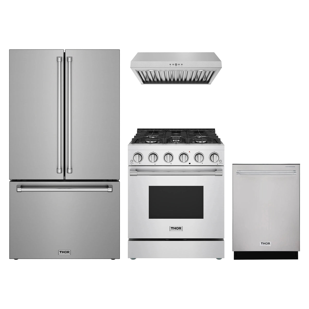 Thor Kitchen 4-Piece Appliance Package - 30-Inch Propane Gas Range, Counter-Depth Refrigerator, Under Cabinet Hood, & Dishwasher in Stainless Steel