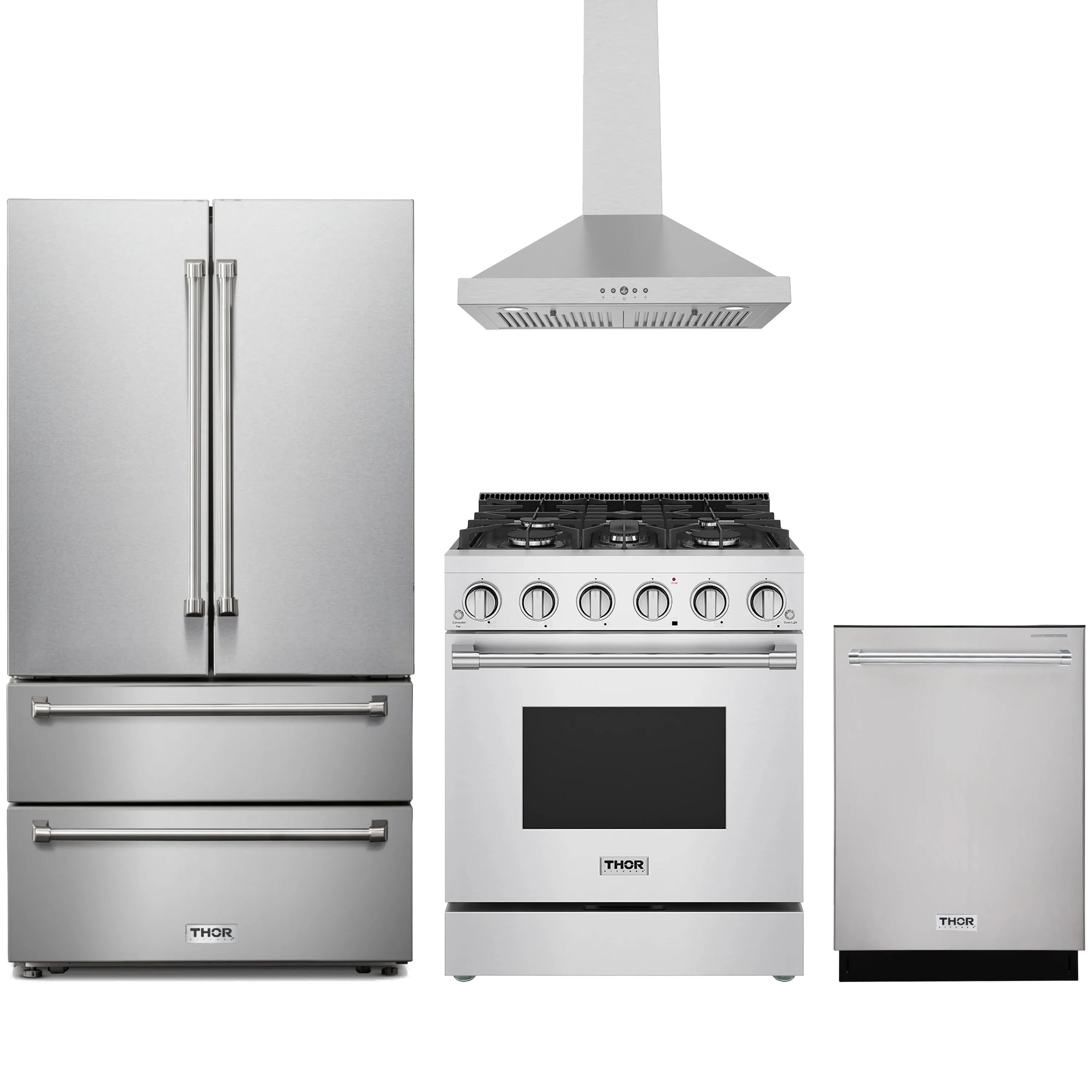 Stainless steel range with wall hood, refrigerator, and matching dishwasher