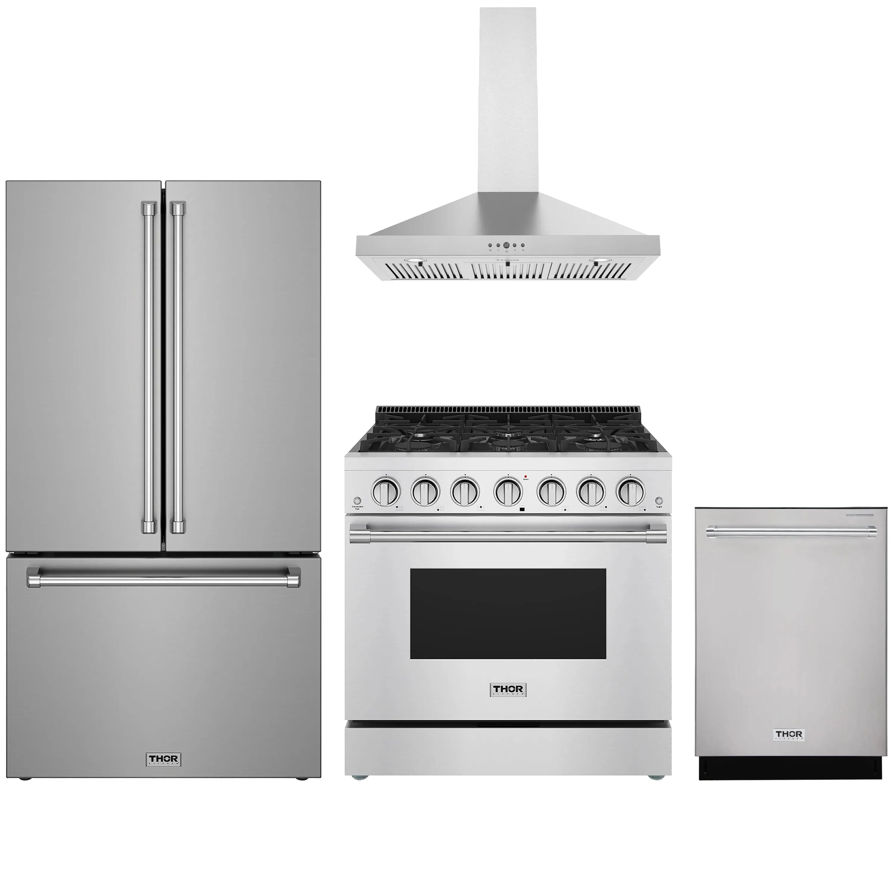 Stainless steel appliance package with refrigerator, wall hood, gas range, and dishwasher