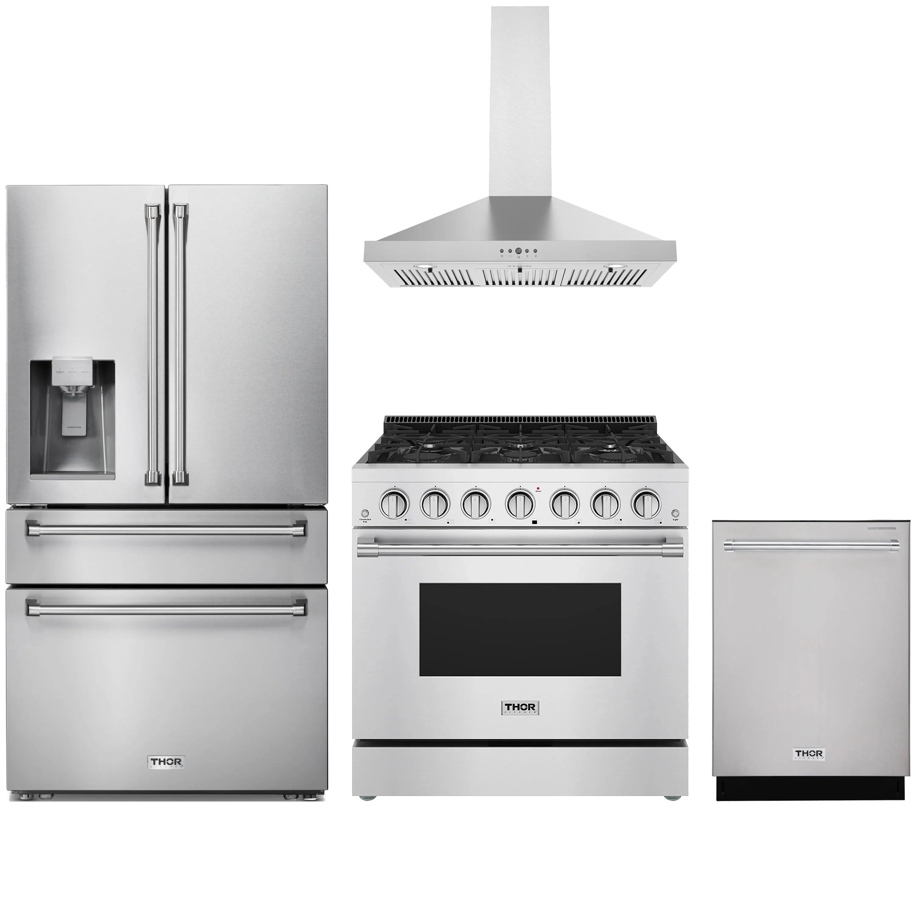 Stainless steel appliance package with refrigerator, gas range, hood, and dishwasher