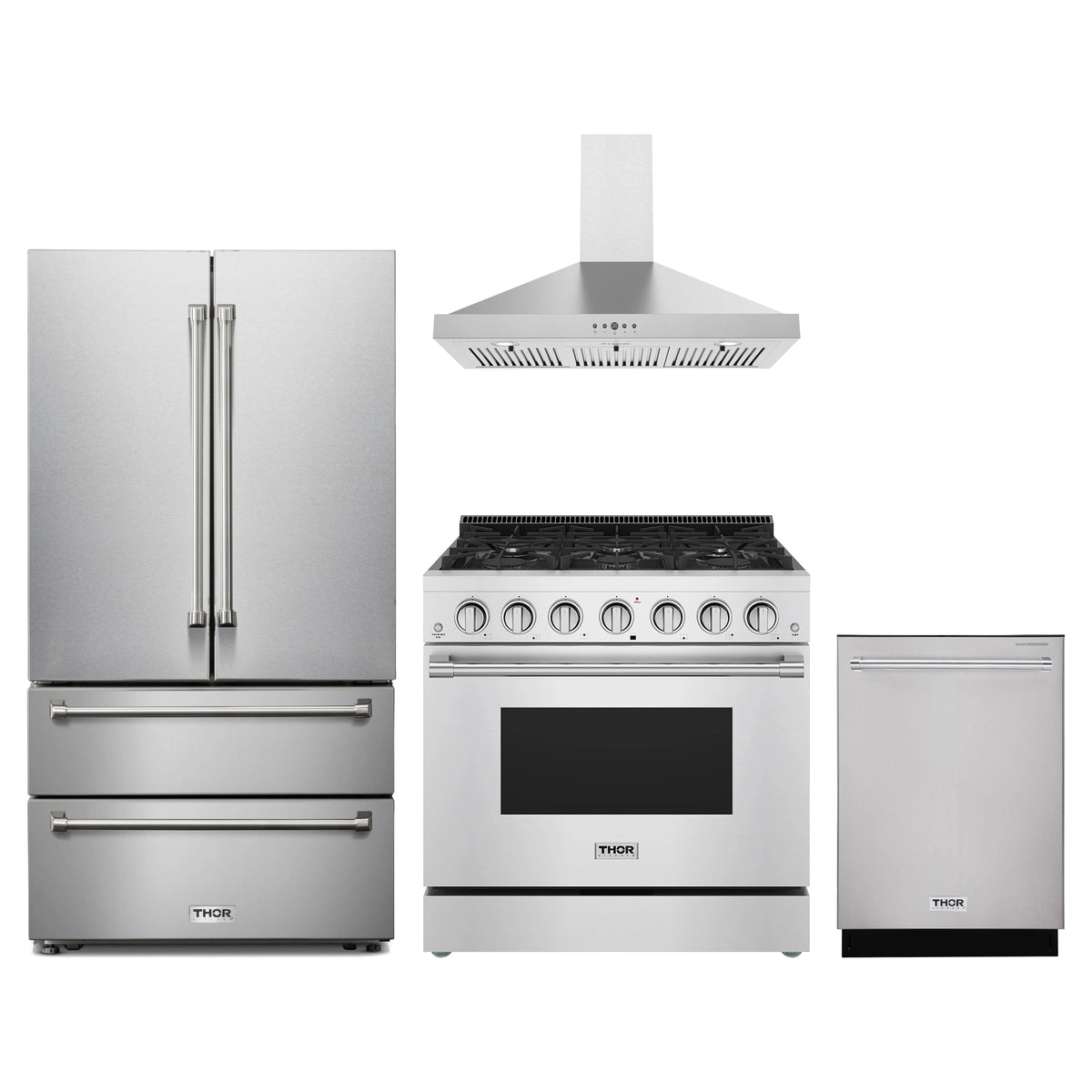 Thor Kitchen 4-Piece Appliance Package - 36-Inch Natural Gas Range, French Door Refrigerator, Wall Mount Hood, & Dishwasher in Stainless Steel