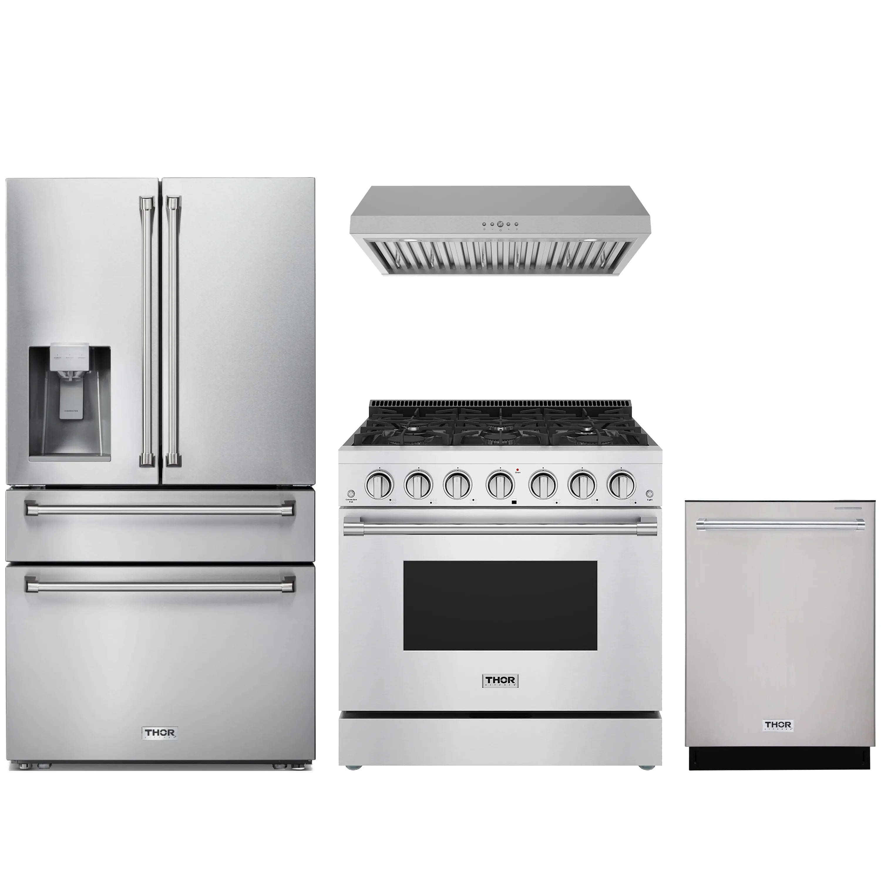 Stainless steel kitchen appliance package with refrigerator, hood, range, and dishwasher