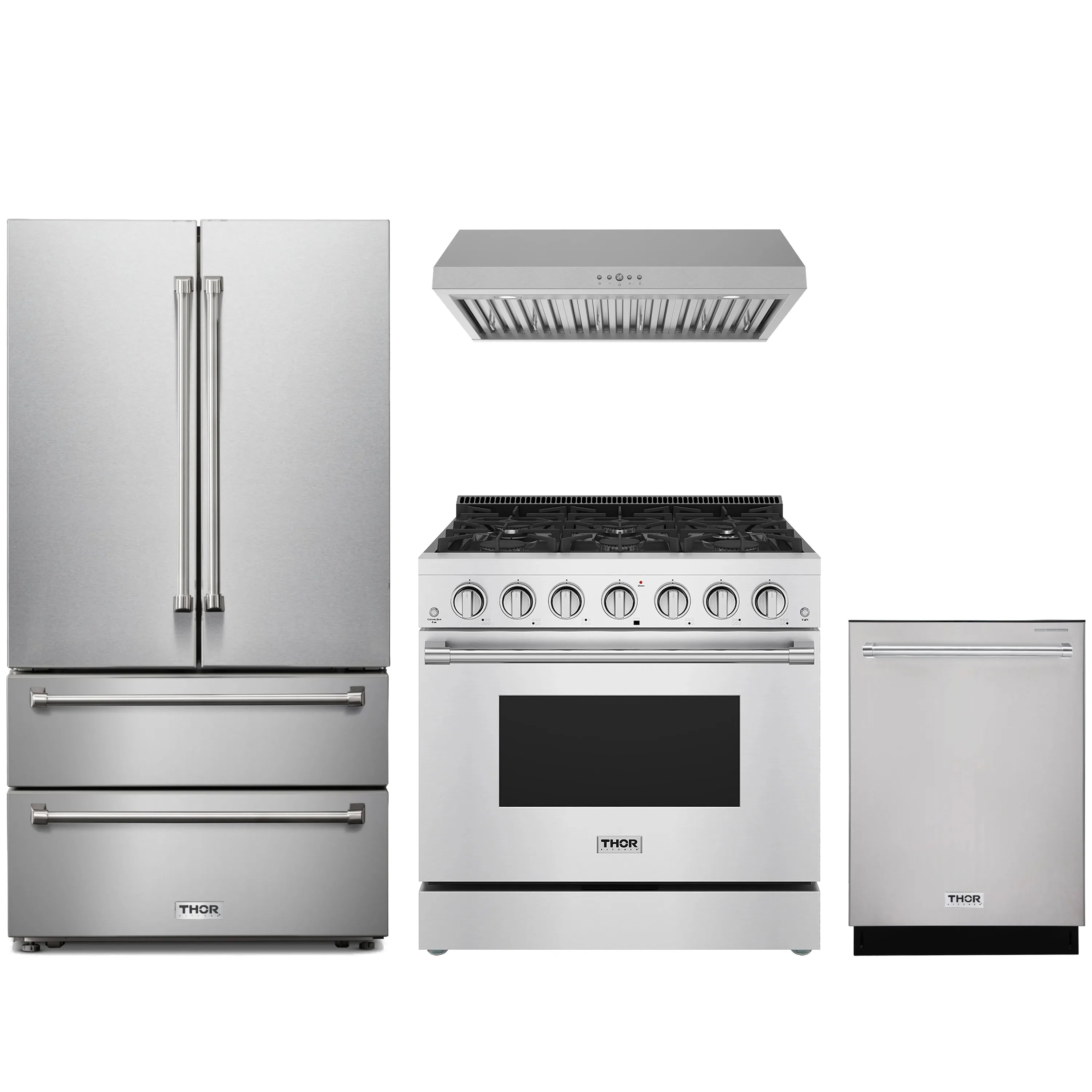 Stainless appliance set with refrigerator, gas range, and dishwasher