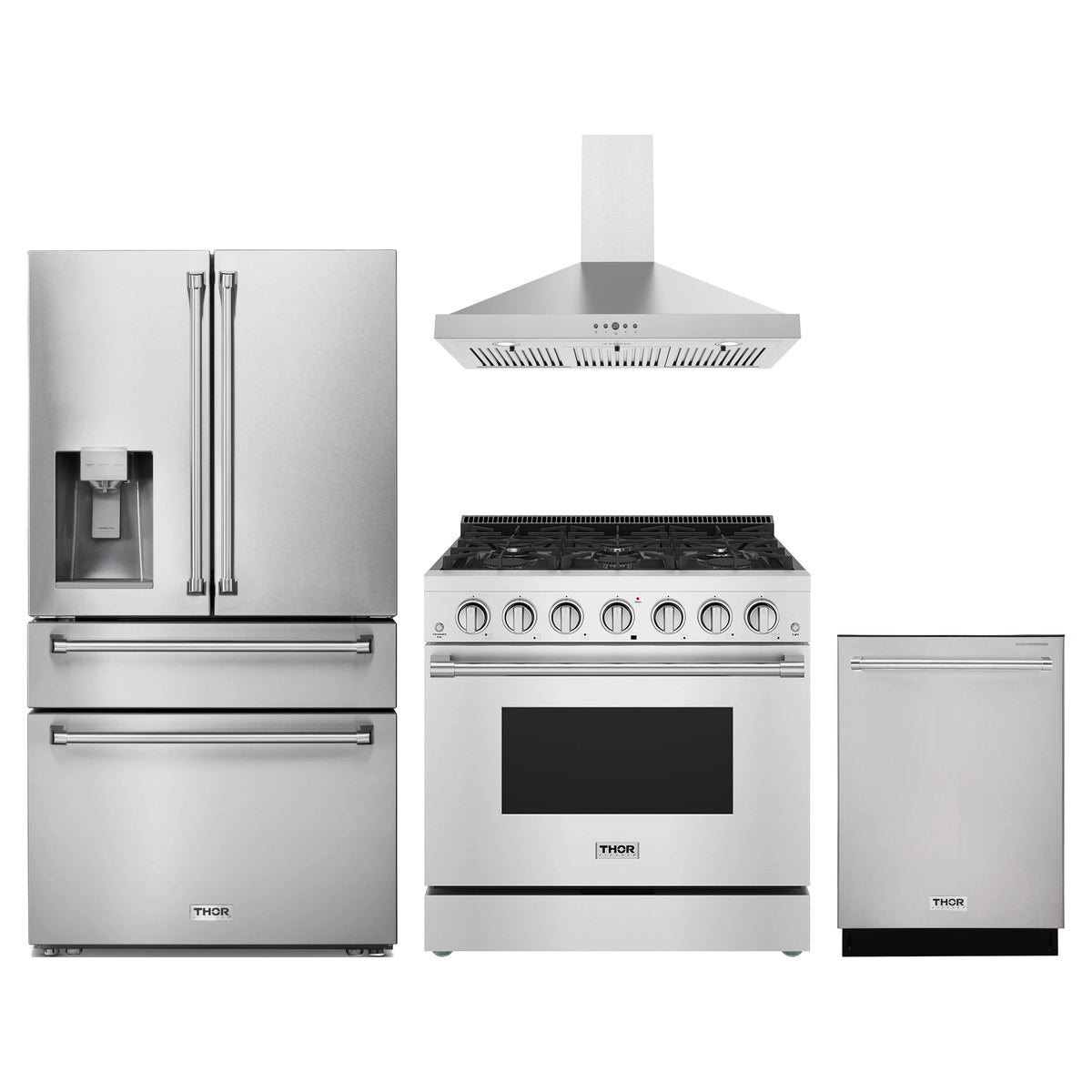 Thor Kitchen 4-Piece Appliance Package - 36-Inch Propane Gas Range, Refrigerator with Water Dispenser, Wall Mount Hood, & Dishwasher in Stainless Steel