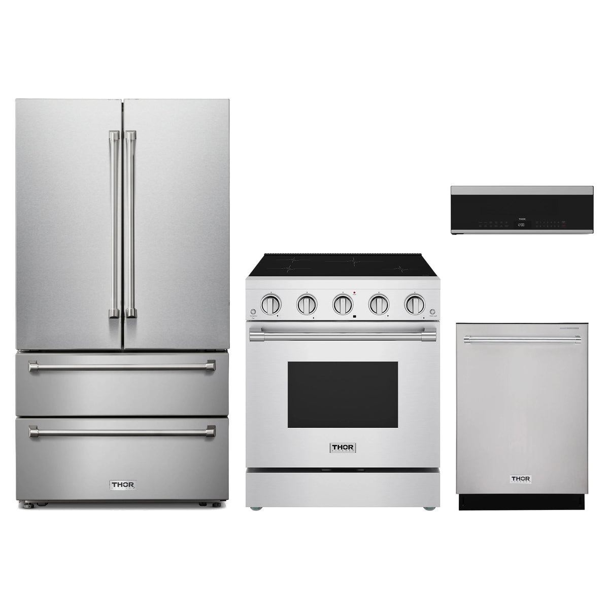 Thor Kitchen 4-Piece Appliance Package - 30-Inch Induction Range, French Door Refrigerator, Dishwasher, & Over-the-Range Microwave in Stainless Steel