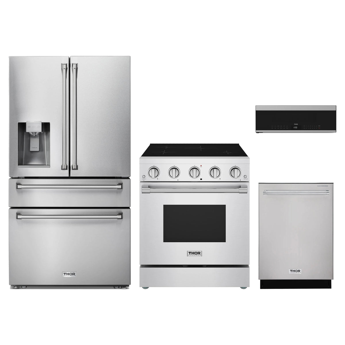 Thor Kitchen 4-Piece Appliance Package - 30-Inch Induction Range, Refrigerator with Water Dispenser, Dishwasher, & Over-the-Range Microwave in Stainless Steel