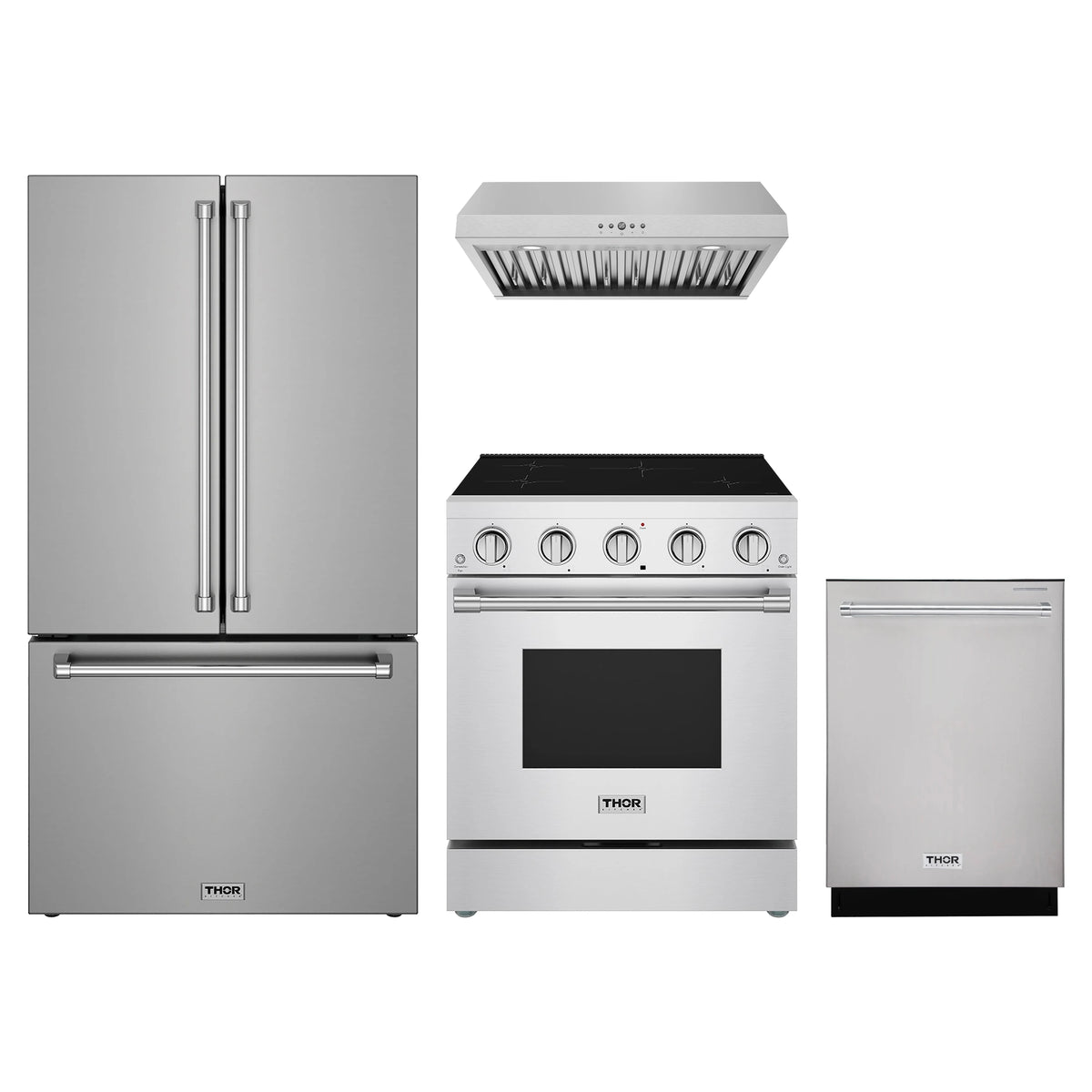 Thor Kitchen 4-Piece Appliance Package - 30-Inch Induction Range, Counter-Depth Refrigerator, Under Cabinet Hood, & Dishwasher in Stainless Steel