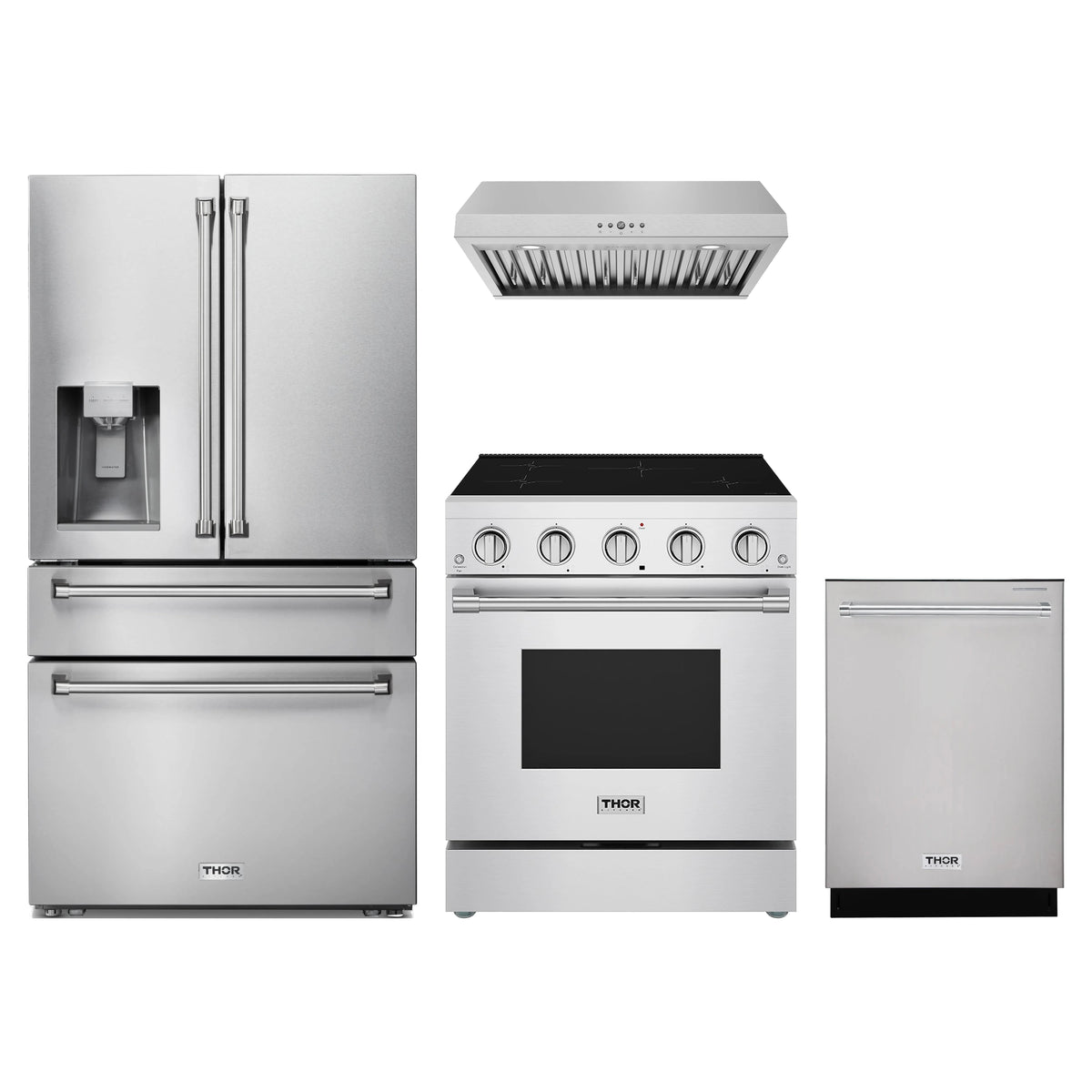 Thor Kitchen 4-Piece Appliance Package - 30-Inch Induction Range, Refrigerator with Water Dispenser, Under Cabinet Hood, & Dishwasher in Stainless Steel