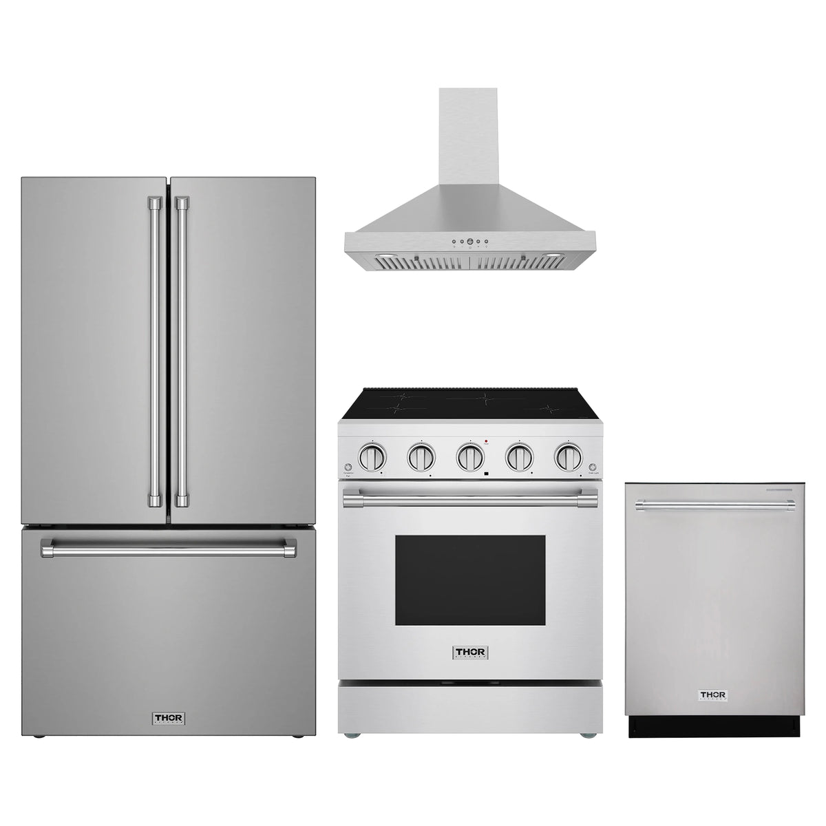 Thor Kitchen 4-Piece Appliance Package - 30-Inch Induction Range, Counter-Depth Refrigerator, Wall Mount Hood, & Dishwasher in Stainless Steel