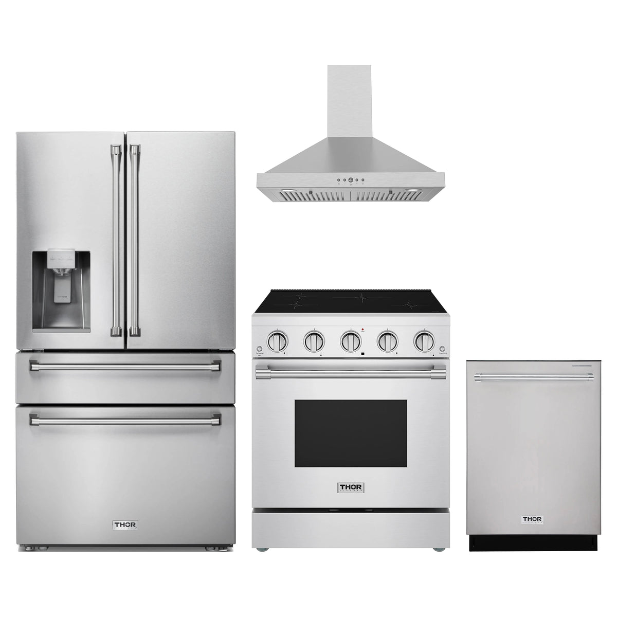 Thor Kitchen 4-Piece Appliance Package - 30-Inch Induction Range, Refrigerator with Water Dispenser, Wall Mount Hood, & Dishwasher in Stainless Steel