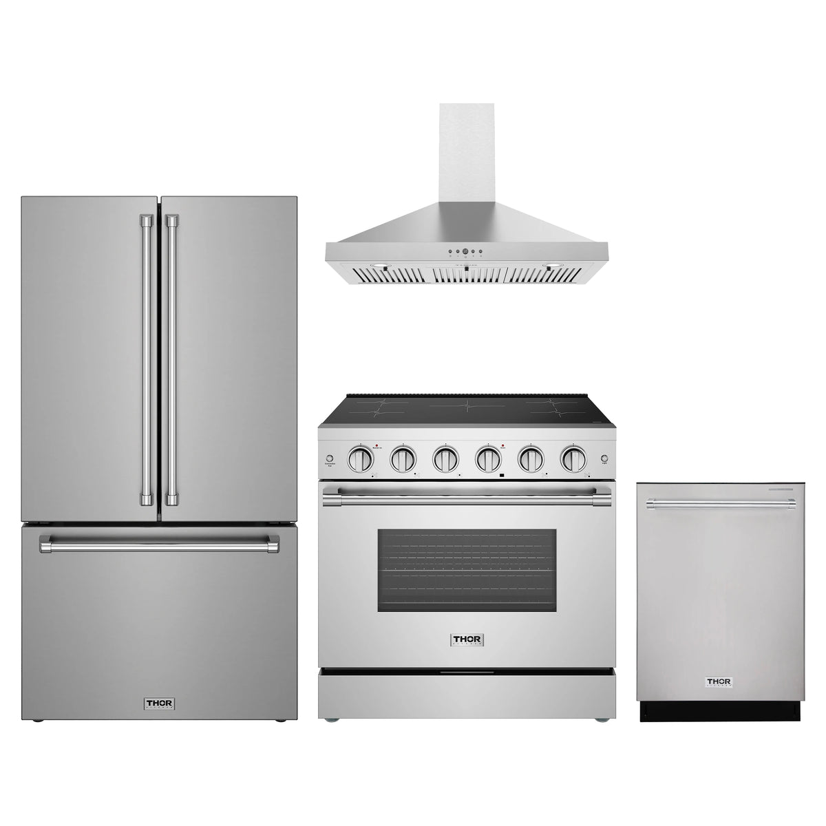 Thor Kitchen 4-Piece Appliance Package - 36-Inch Induction Range, Counter-Depth Refrigerator, Wall Mount Hood, & Dishwasher in Stainless Steel