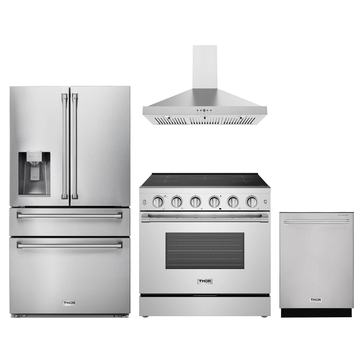 Thor Kitchen 4-Piece Appliance Package - 36-Inch Induction Range, Refrigerator with Water Dispenser, Wall Mount Hood, & Dishwasher in Stainless Steel