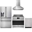 Stainless steel Thor Kitchen appliance package with 36-inch range, range hood, refrigerator with water dispenser, dishwasher