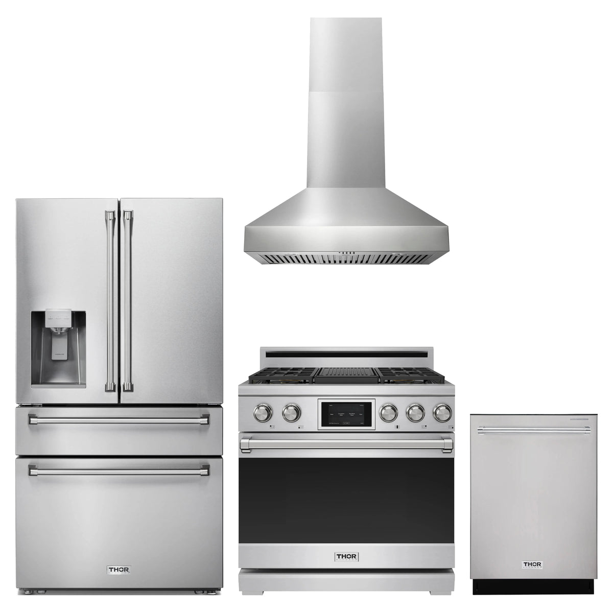 Thor Kitchen 4-Piece Appliance Package - 36-Inch Dual Fuel Range, Refrigerator with Water Dispenser, Wall Mount Hood, & Dishwasher in Stainless Steel