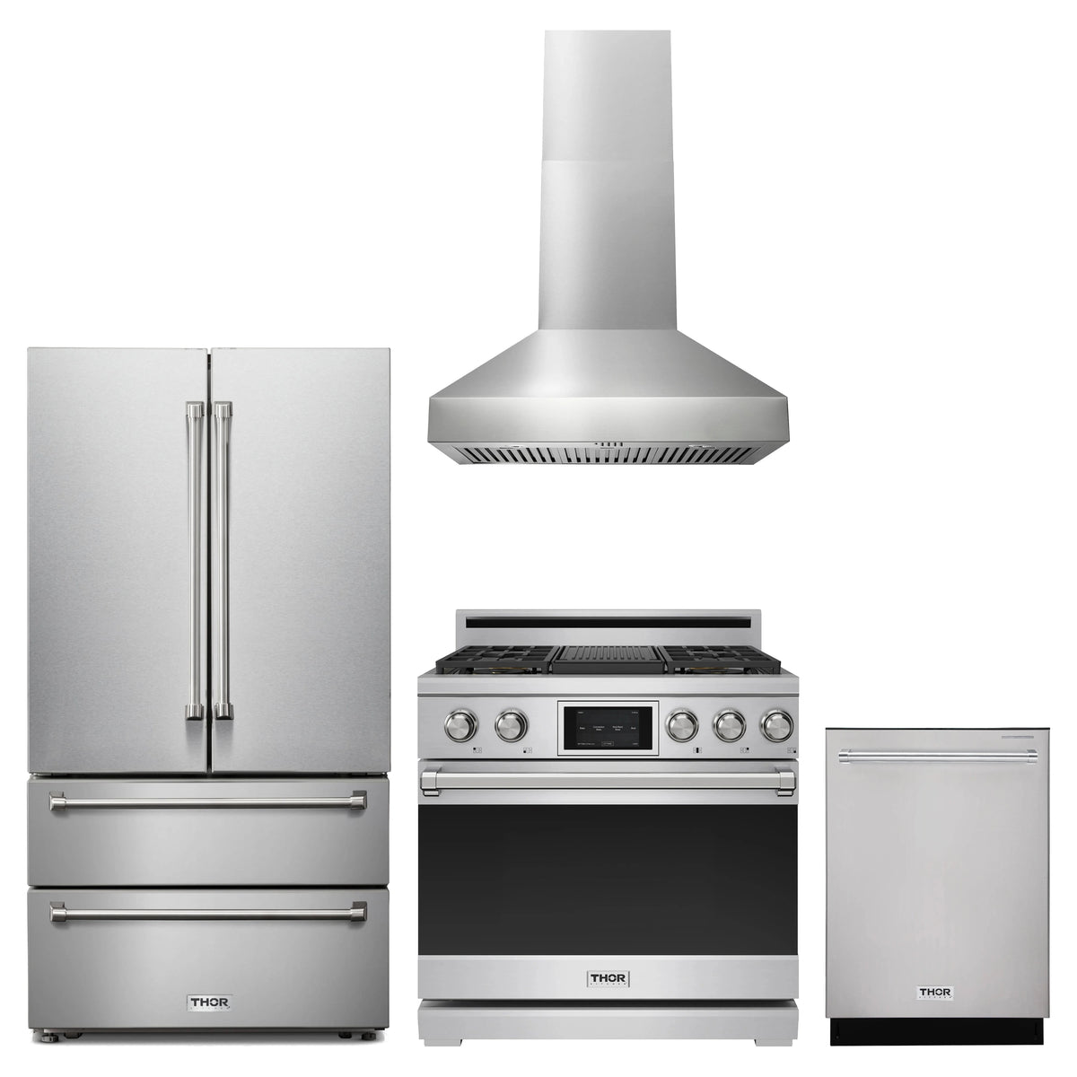 Thor Kitchen 4-Piece Appliance Package - 36-Inch Dual Fuel Range, French Door Refrigerator, Wall Mount Hood, & Dishwasher in Stainless Steel