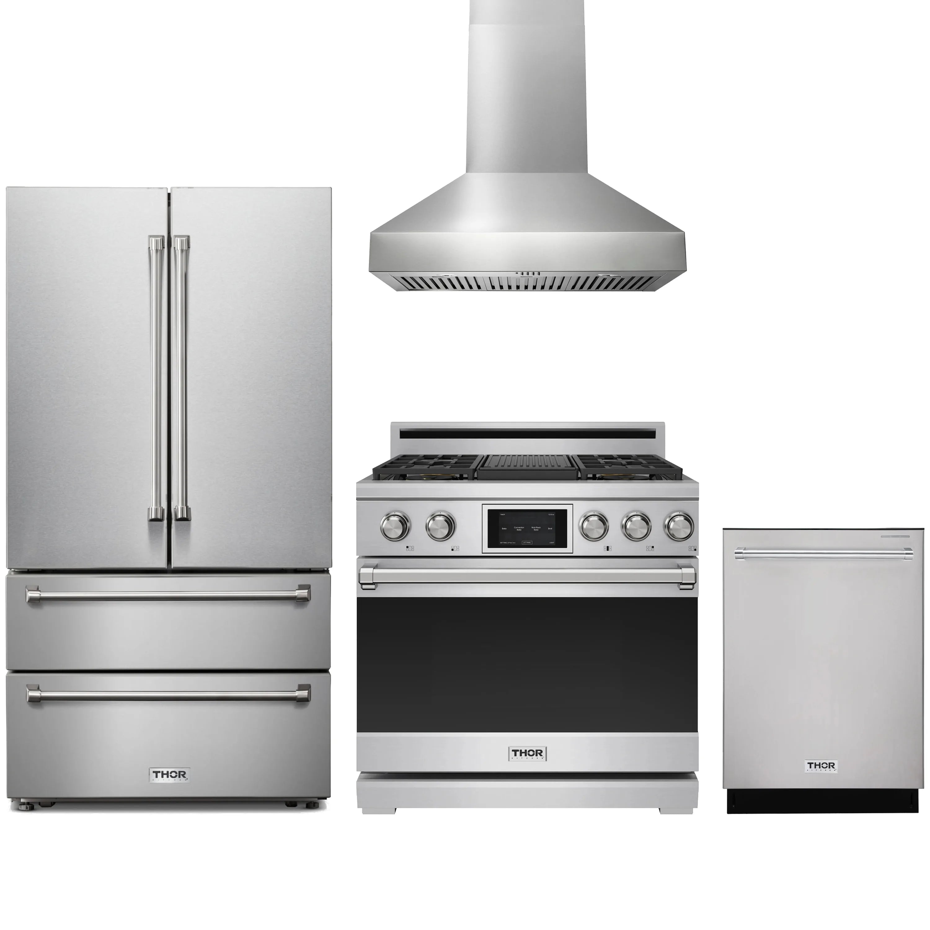 Stainless steel kitchen appliance package with refrigerator, dual-fuel range, hood, and dishwasher