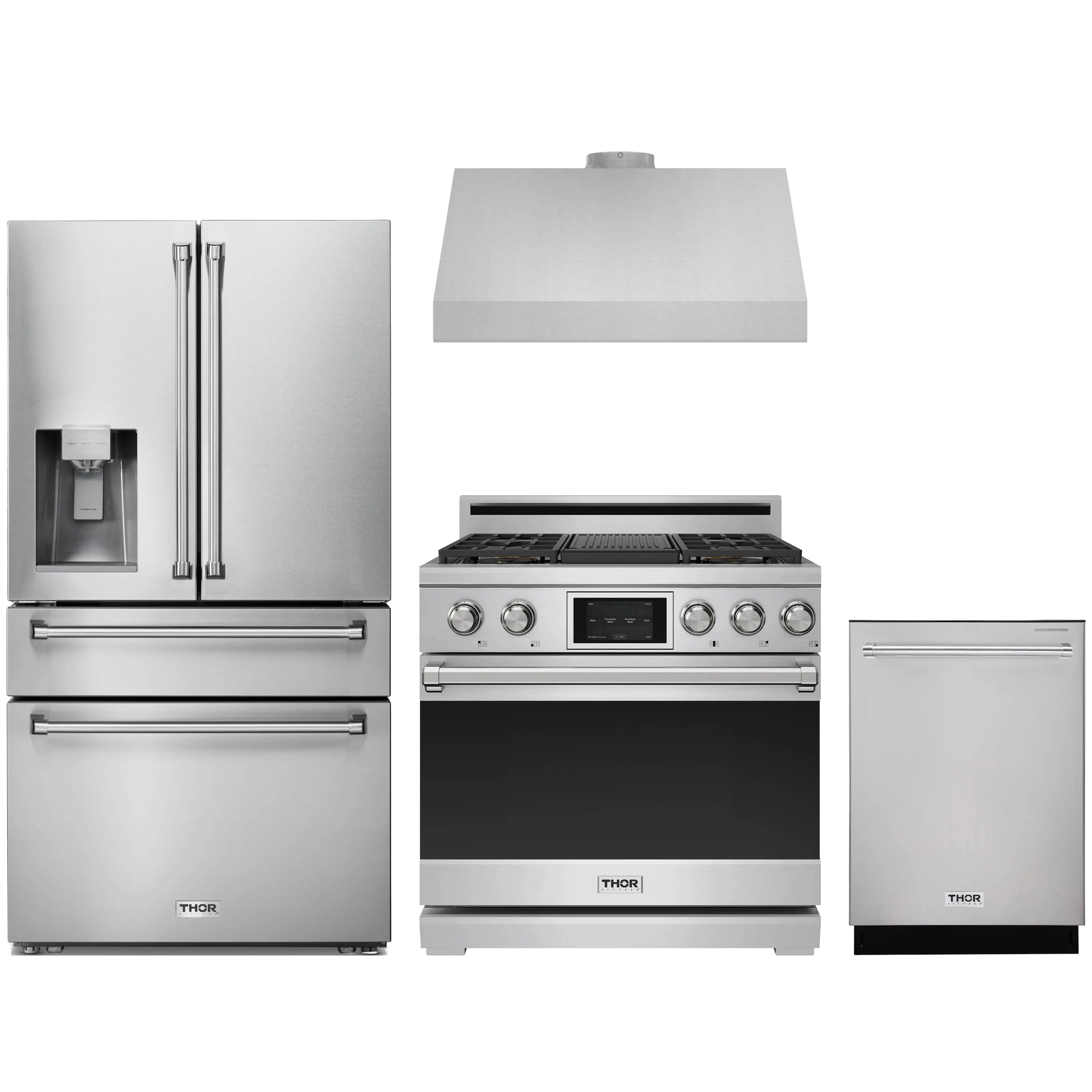 Stainless steel appliance package with fridge, dual-fuel range, hood, and dishwasher