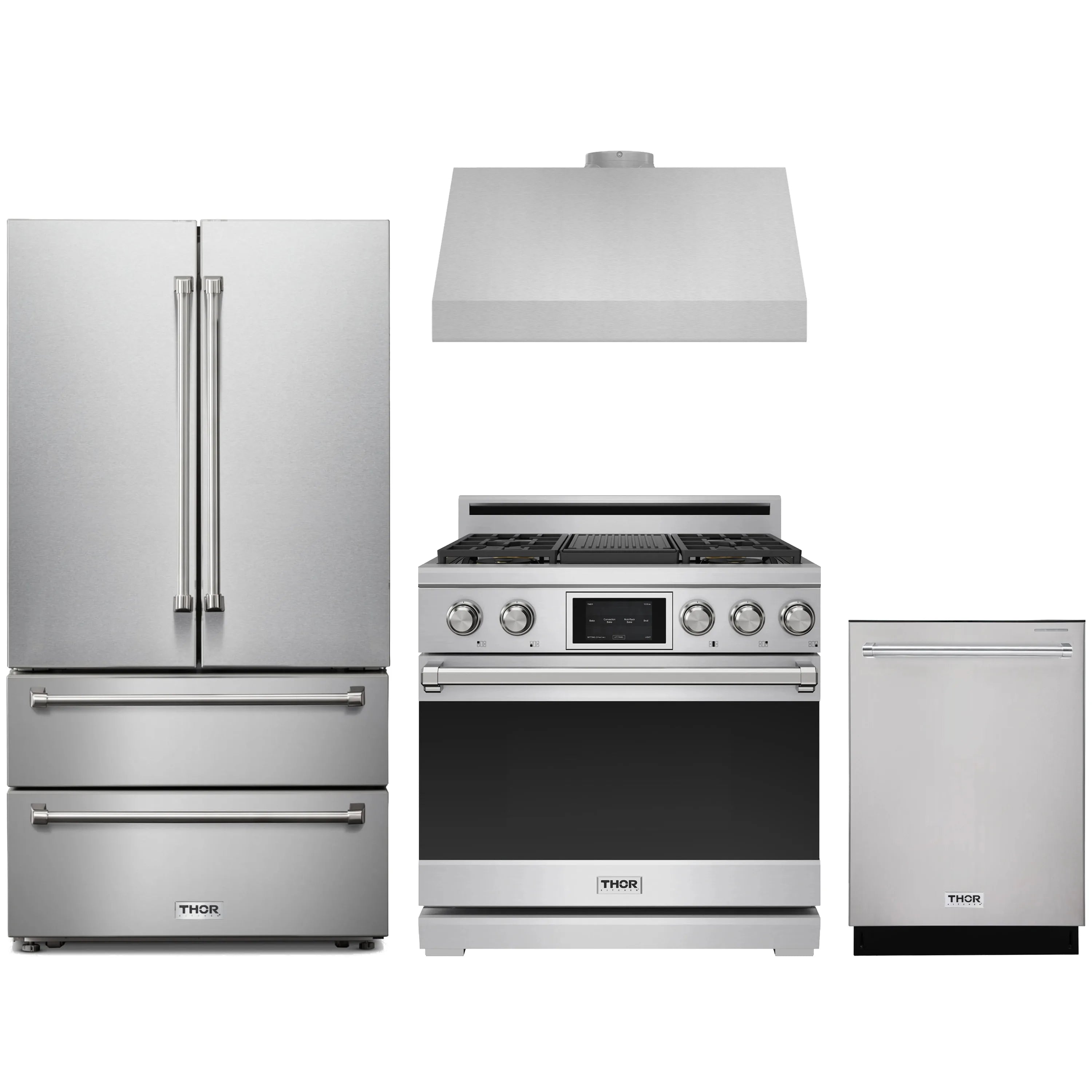 Stainless steel appliance package with dual fuel range, refrigerator, hood, and dishwasher