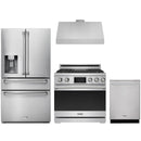 Stainless steel Thor Kitchen appliance package with 36-inch range, range hood, refrigerator with water dispenser, dishwasher