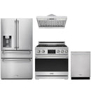 Stainless steel Thor Kitchen appliance package with 36-inch range, range hood, refrigerator with water dispenser, dishwasher