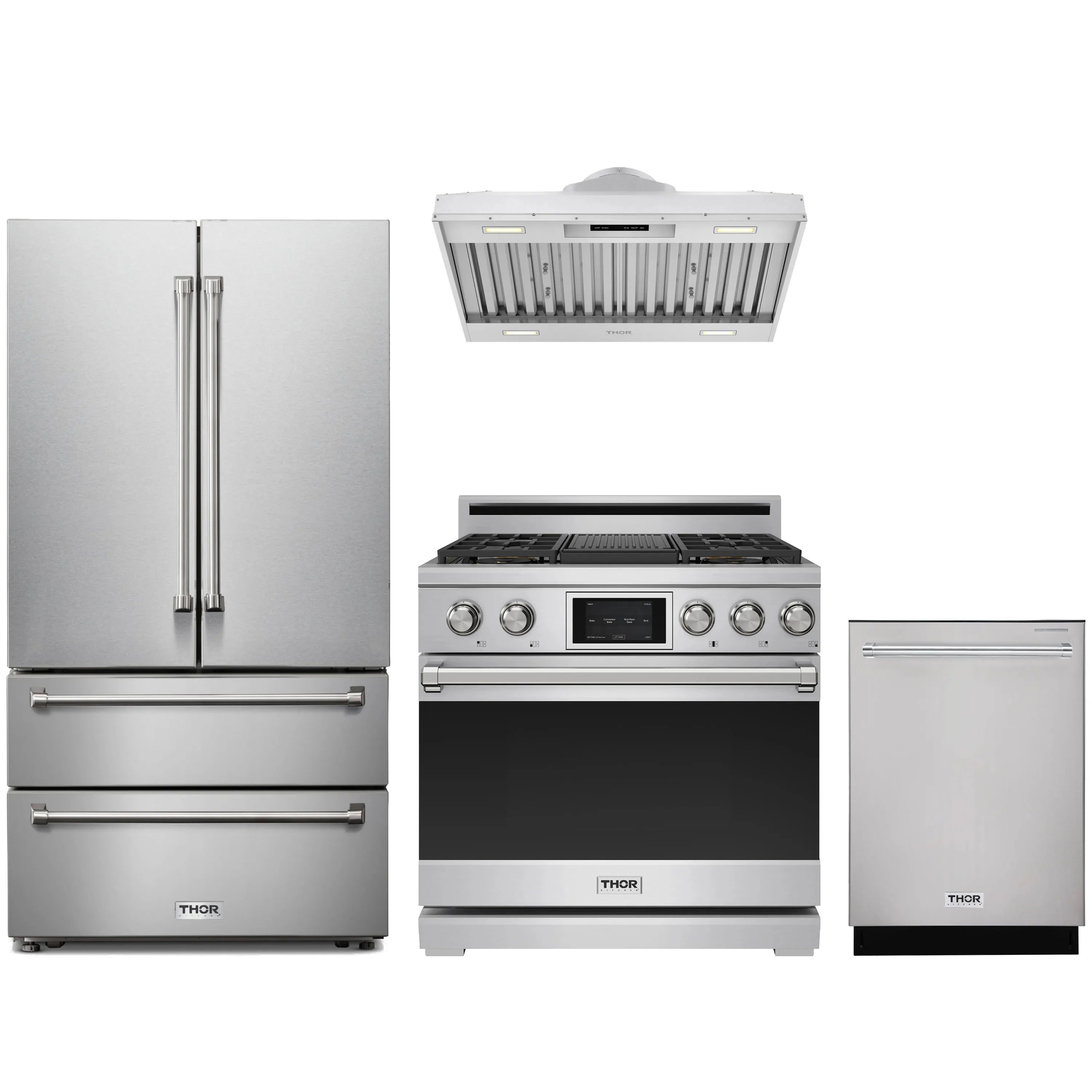 Stainless steel 4-piece appliance package with refrigerator, dual-fuel range, hood insert