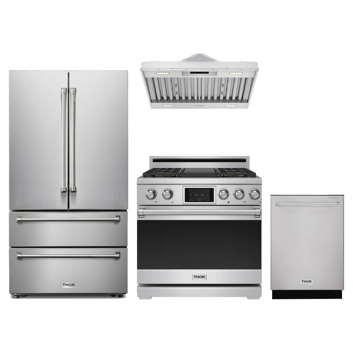 Thor Kitchen 4-Piece Appliance Package - 36-Inch Propane Dual Fuel Range, French Door Refrigerator, Hood Insert, & Dishwasher in Stainless Steel