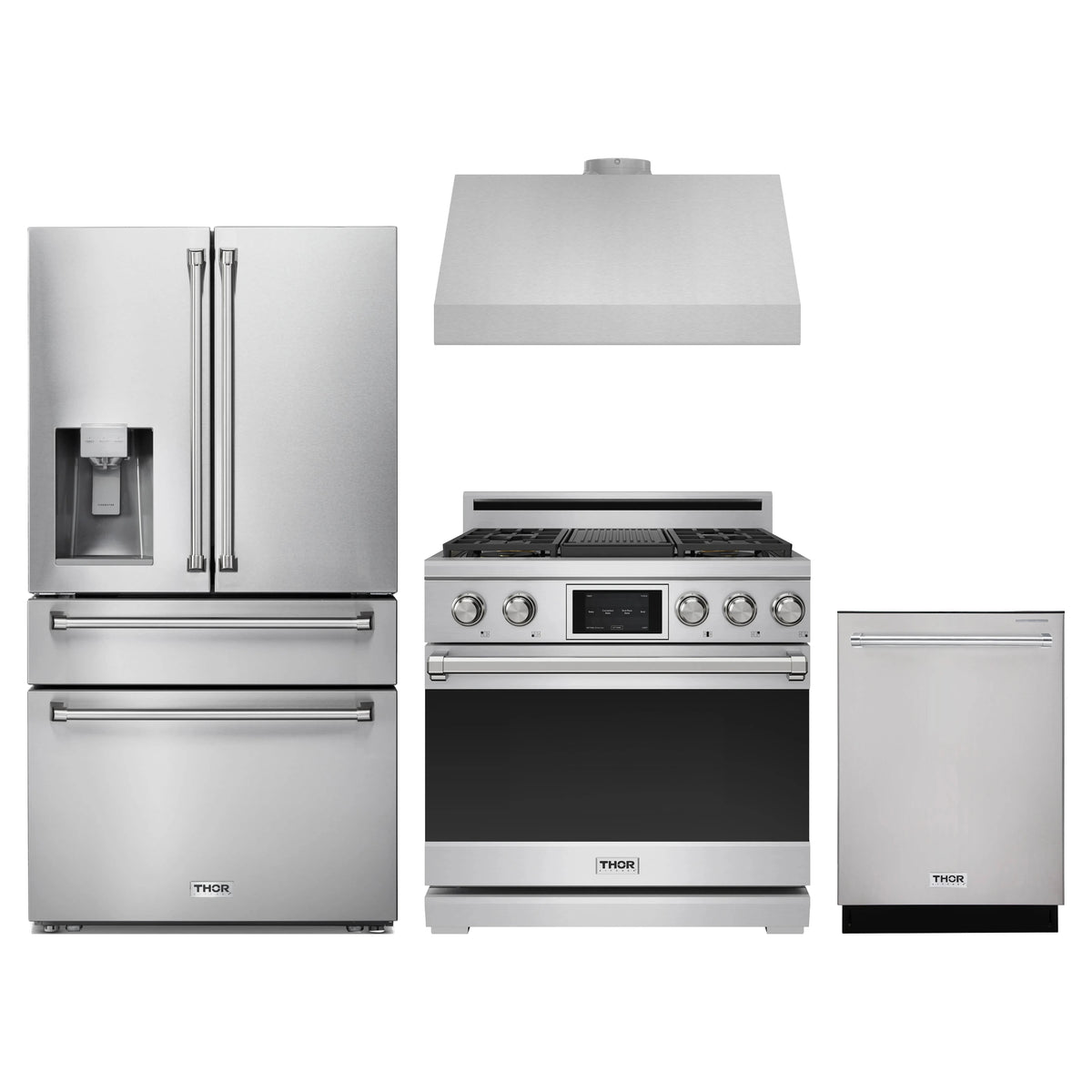 Thor Kitchen 4-Piece Appliance Package - 36-Inch Propane Dual Fuel Range, Refrigerator with Water Dispenser, Under Cabinet Hood, & Dishwasher in Stainless Steel