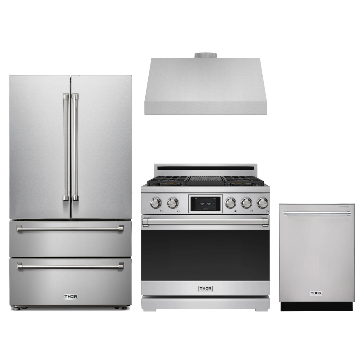 Thor Kitchen 4-Piece Appliance Package - 36-Inch Propane Dual Fuel Range, French Door Refrigerator, Under Cabinet Hood, & Dishwasher in Stainless Steel