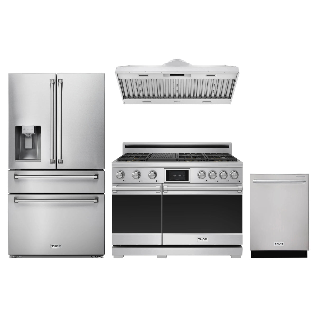 Thor Kitchen 4-Piece Appliance Package - 48-Inch Dual Fuel Range, Refrigerator with Water Dispenser, Hood Insert, & Dishwasher in Stainless Steel