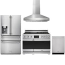 Stainless steel Thor Kitchen appliance package with 36-inch range, range hood, refrigerator with water dispenser, dishwasher