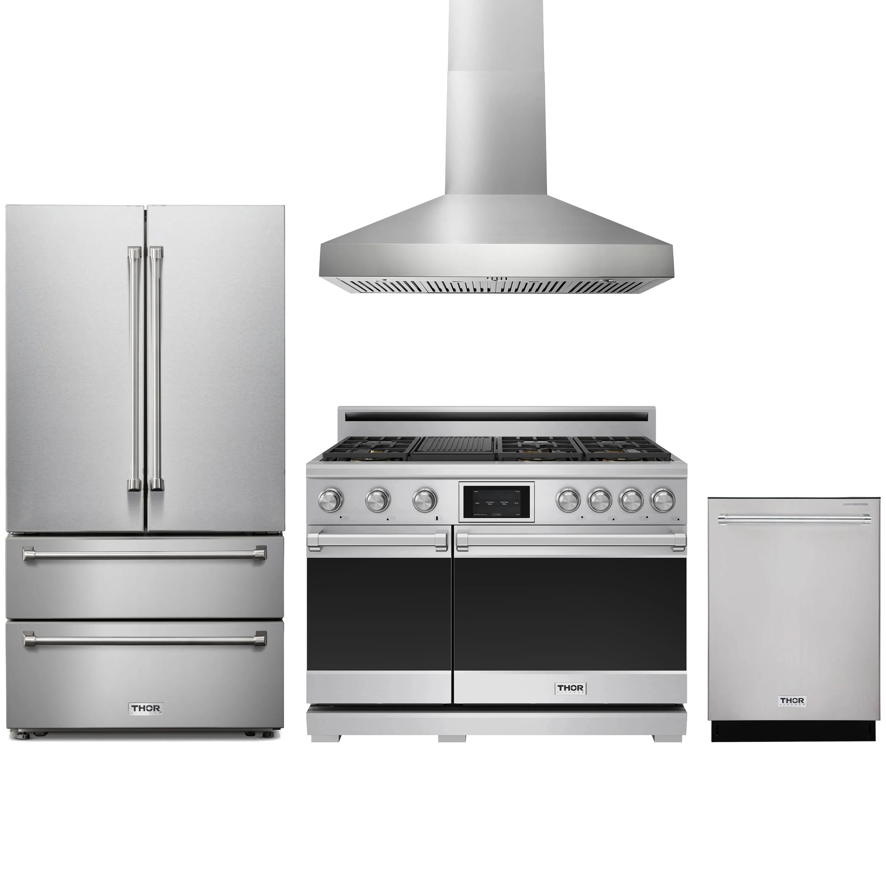 Stainless steel appliance package: dual fuel range, French door fridge, hood, dishwasher