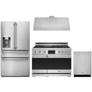 Stainless steel Thor Kitchen appliance package with 36-inch range, range hood, refrigerator with water dispenser, dishwasher