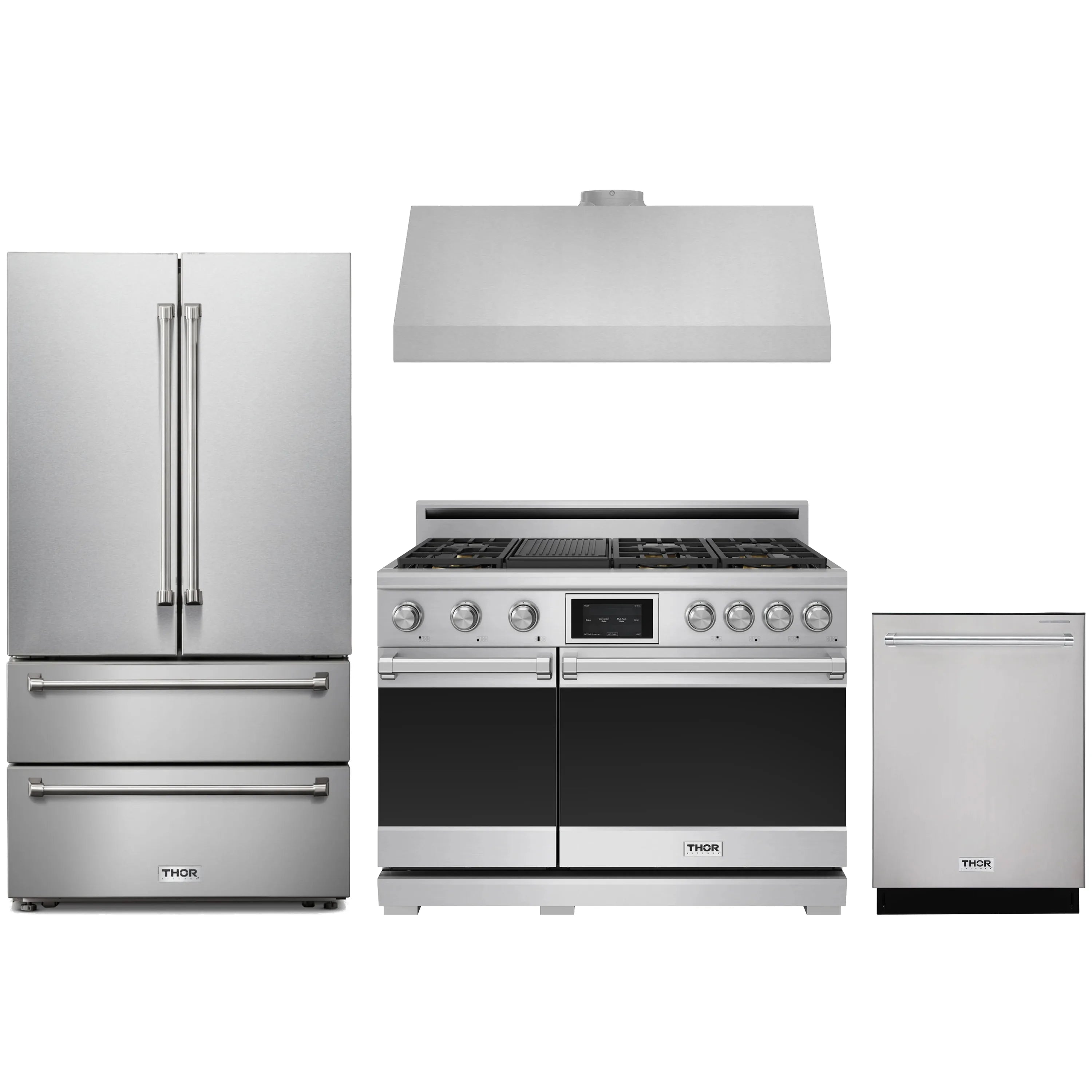 Stainless steel 4-piece appliance package: dual fuel range, French door fridge, hood, dishwasher